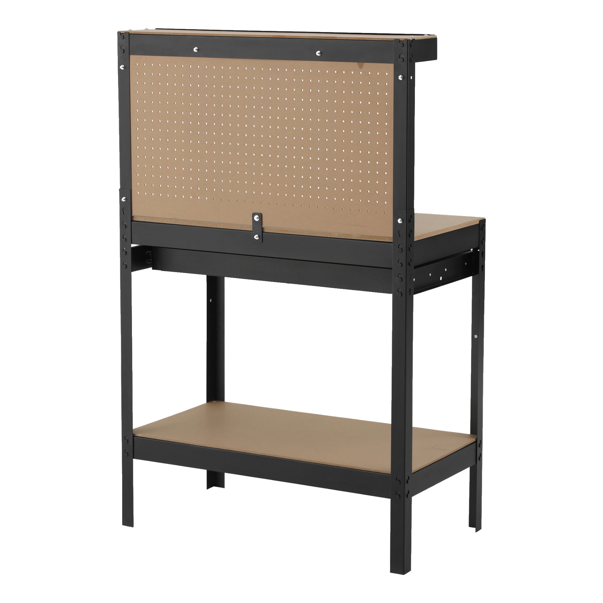 En svart metallarbetsbänk med hårda huvud och verktygspanel, inklusive en lägre hylla, rymlig platt bänkskiva och en upprätt pegboard-rygg för organisering av verktyg. Designen är enkel och praktisk, med bänken på bilden tom på verktyg eller tillbehör.