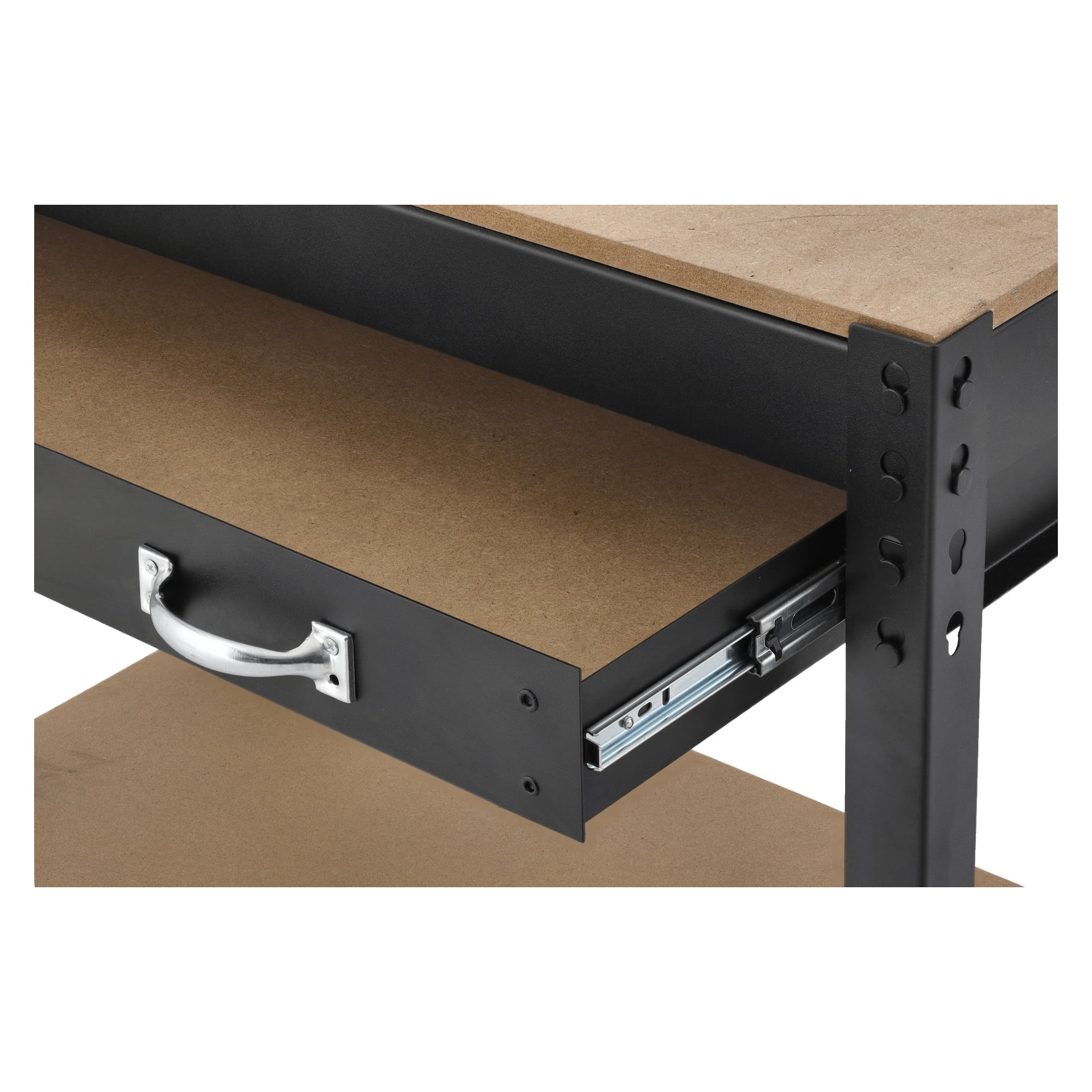 En detaljerad vy av Hard Head Workbench och dess verktygspanel visar en låda som är lätt öppen och visar dess metallhandtag och spår. Den stadiga svarta ramen visar flera skruvar och justerbara hyllspår.