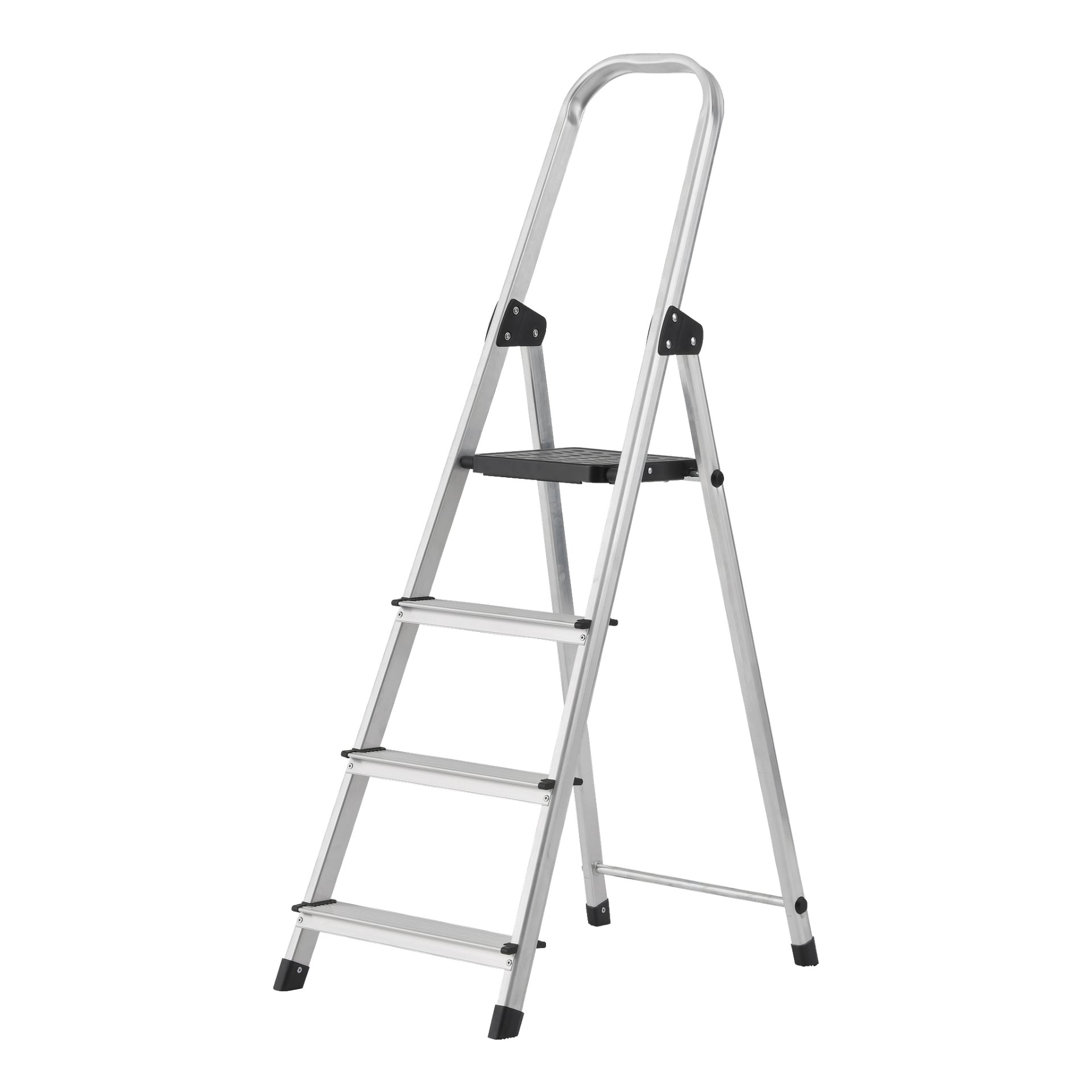 Hard Head Step Ladder är en silverfärgad fällstege med fyra steg, utrustad med svarta halksäkra fötter och ett övre räcke. En liten svart plattform finns strax under toppen.