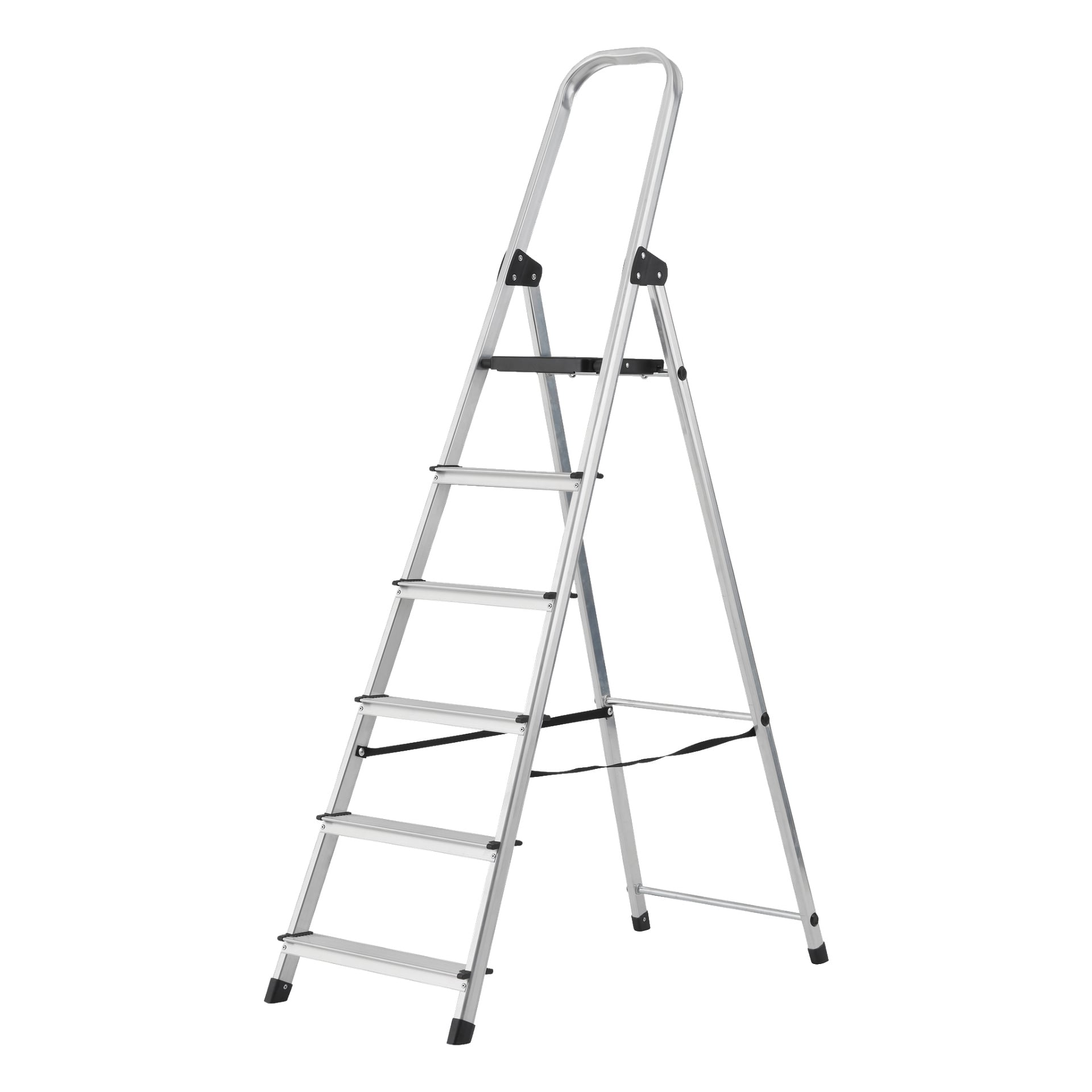 Hard Head Step-stegen har en silverfärgad metallfinish, fem trappsteg, svarta gummifötter för grepp och ett böjt handtag högst upp. Stegen är avbildad helt öppen och står upprätt.