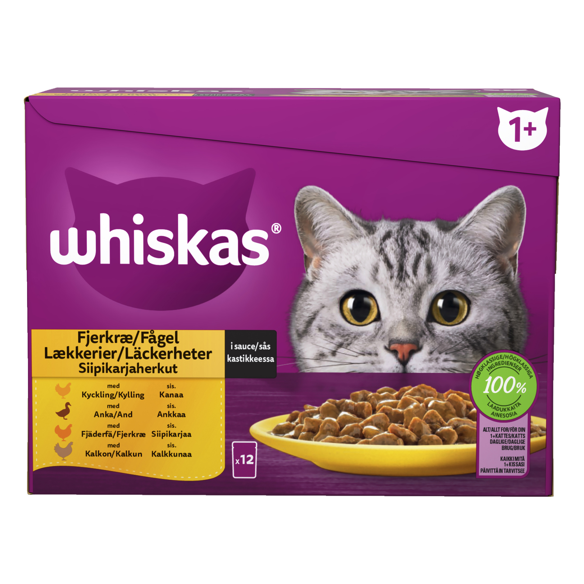 En 12-pack låda med Whiskas kattmat 1+ fågelfester för katter från 1 år och uppåt, med ansiktet på en grå tabbykatt, en skål kattmat och text på mestadels lila förpackning med gula detaljer och ingrediensinformation.