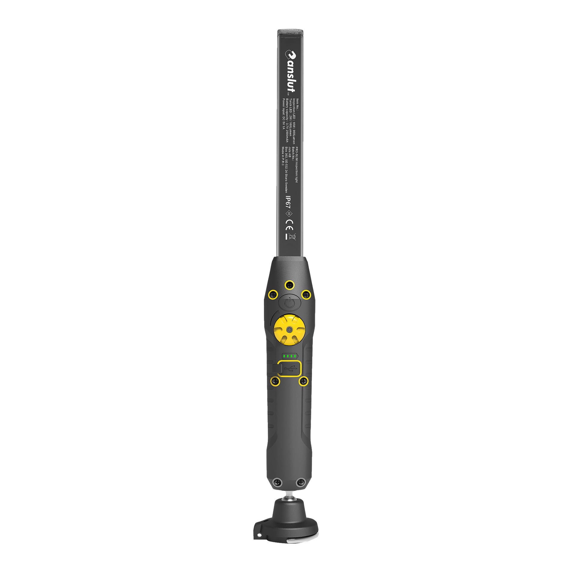 Anslut Rechargeable Work Light är en svartgrå handhållen enhet med ett långt rektangulärt sensorområde som visar produktdetaljer och certifieringsmärken. Den har gula knappar, flera blinkerlampor och en cirkulär bas.