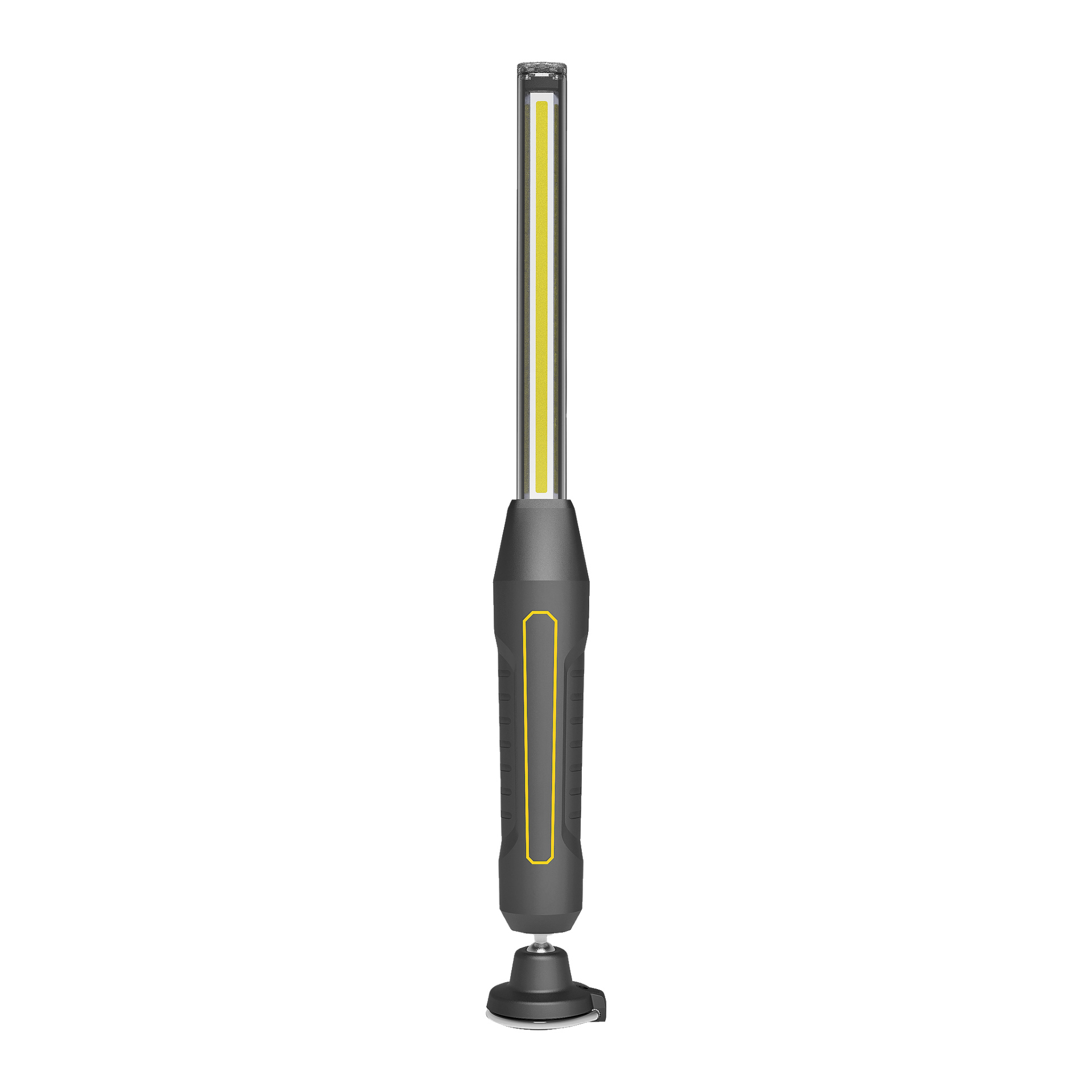 Anslut Rechargeable arbetslampa är en svart handhållen LED-enhet med gul rand, en cylindrisk transparent topp och en magnetisk bas för enkel montering, som visas stående upprätt.