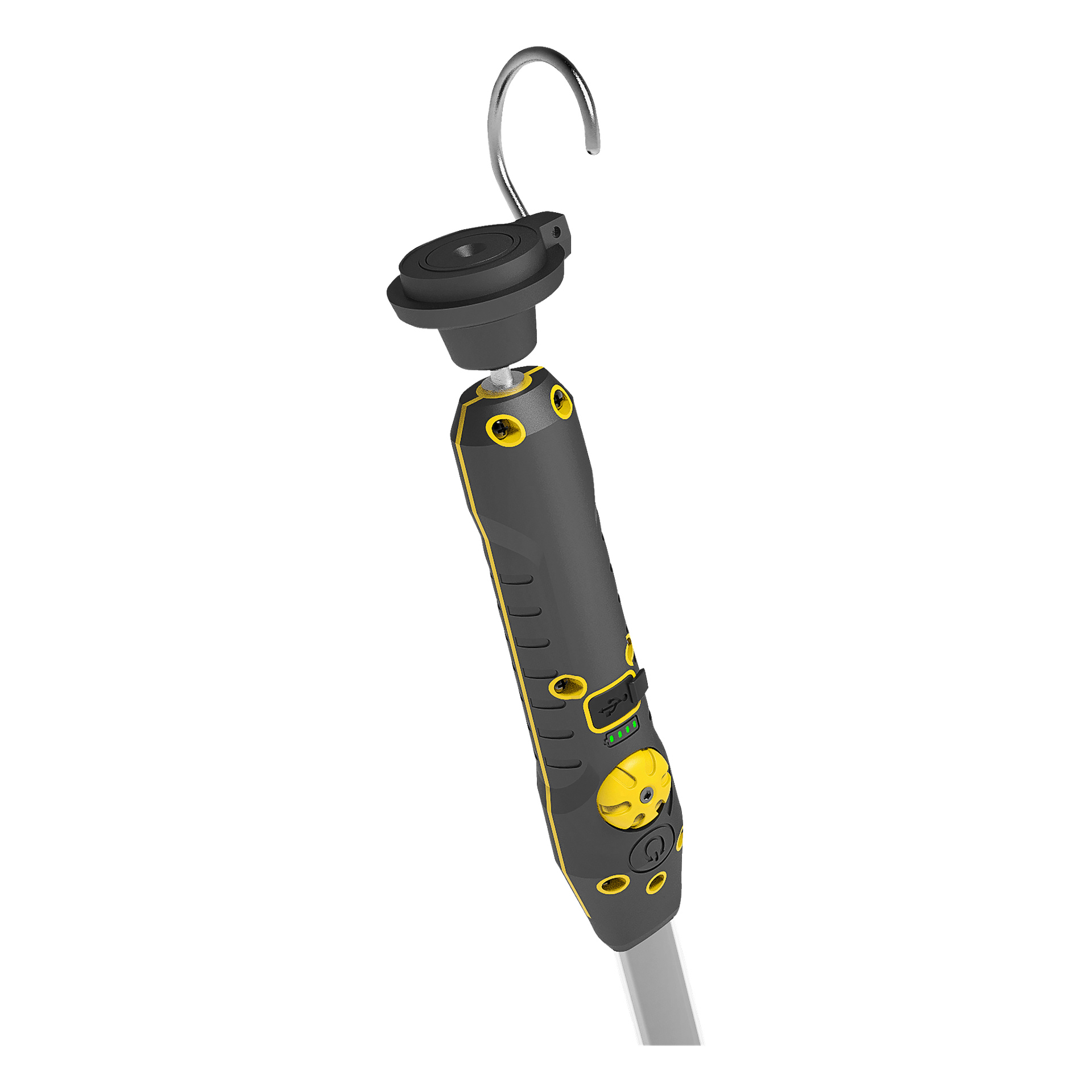 En närbild på Anslut Rechargeable Work Light, en svart och gul handhållen enhet med en böjd metallkrok, kontrollknappar, indikatorlampor och ett texturerat grepp.