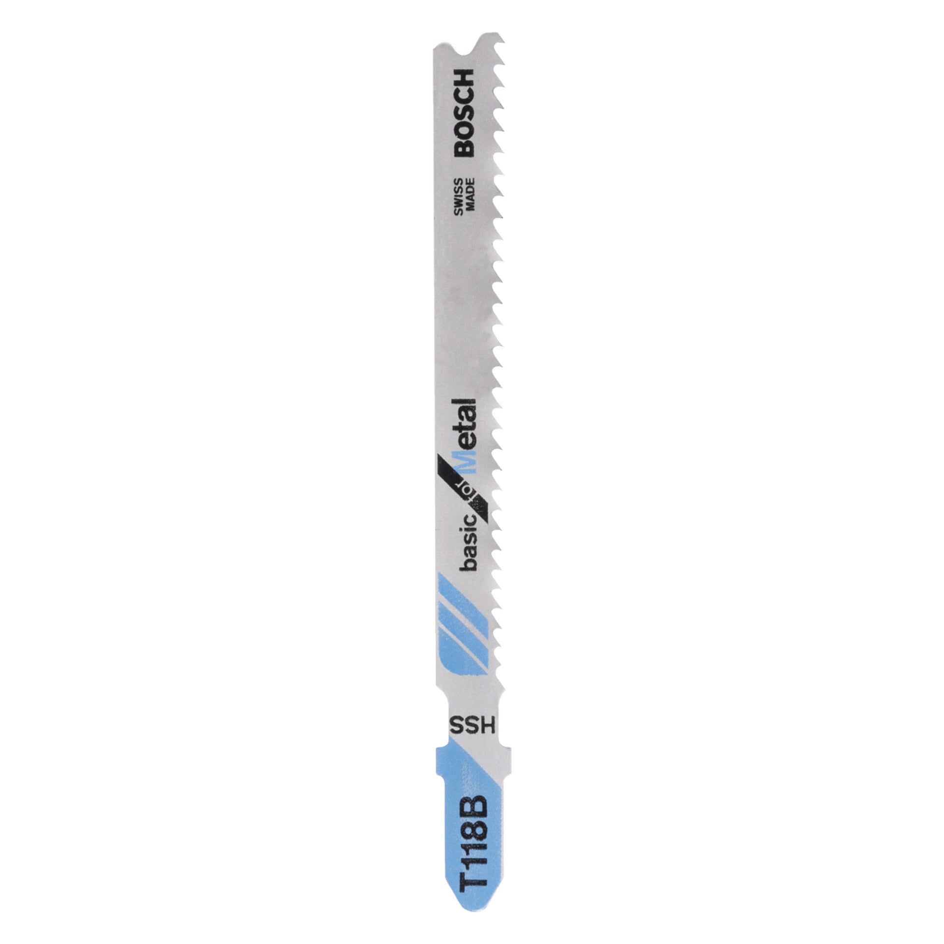 En närbild på ett Bosch-sticksågsblad med 2-pack, som visar vassa tänder, blå och svart märkning samt fraserna Swiss Made, Basic for Metal och HSS tryckta på metallytan.