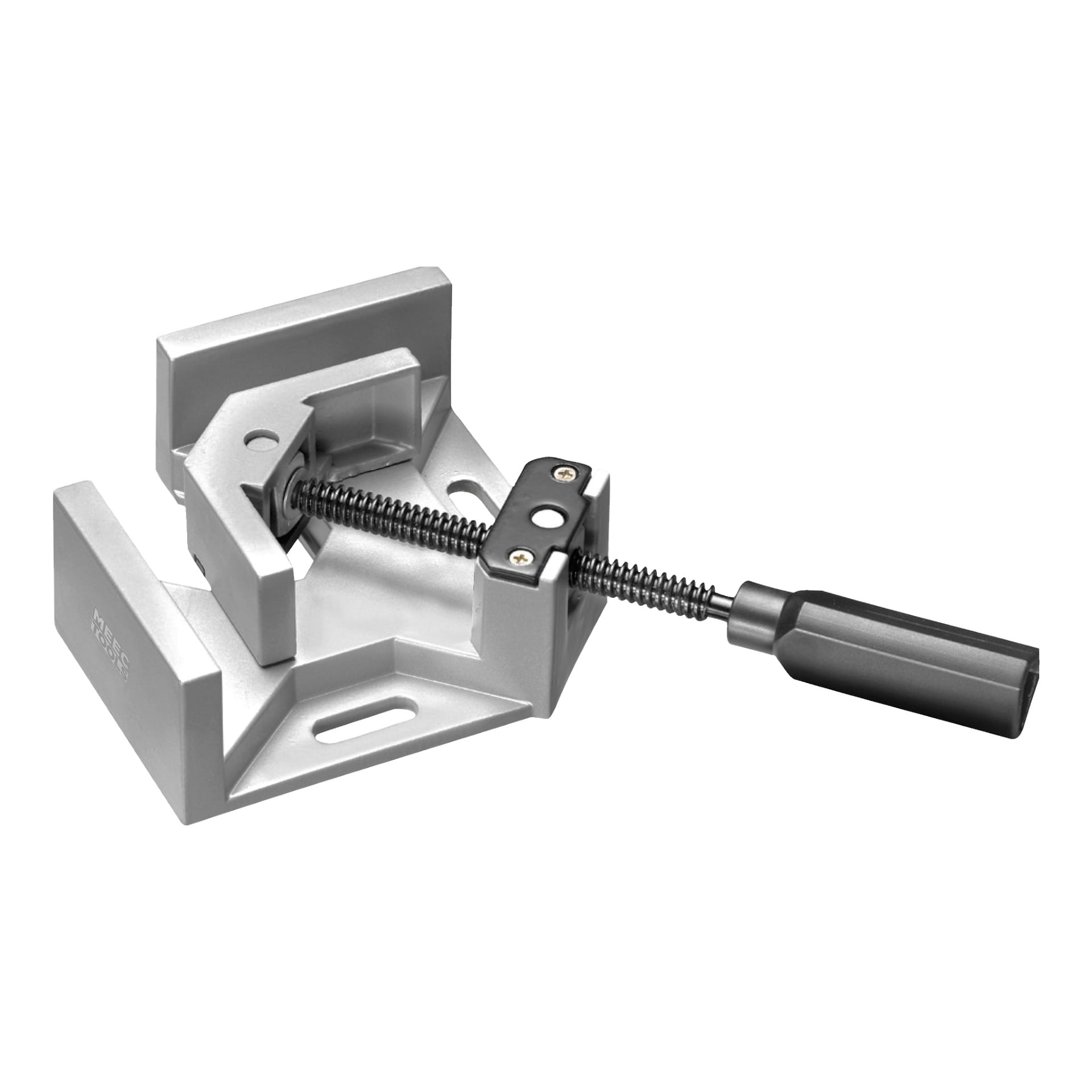 Meec Tools Angle-skruvstäd är en metallhörnklämma i silver, utrustad med ett svart handtag och en gängad skruvmekanism. Den är utformad för att fästa två material i en 90-graders vinkel, idealiskt för träbearbetning eller monteringsprojekt. Basen har spårade hål för att fästa verktyget på en yta.