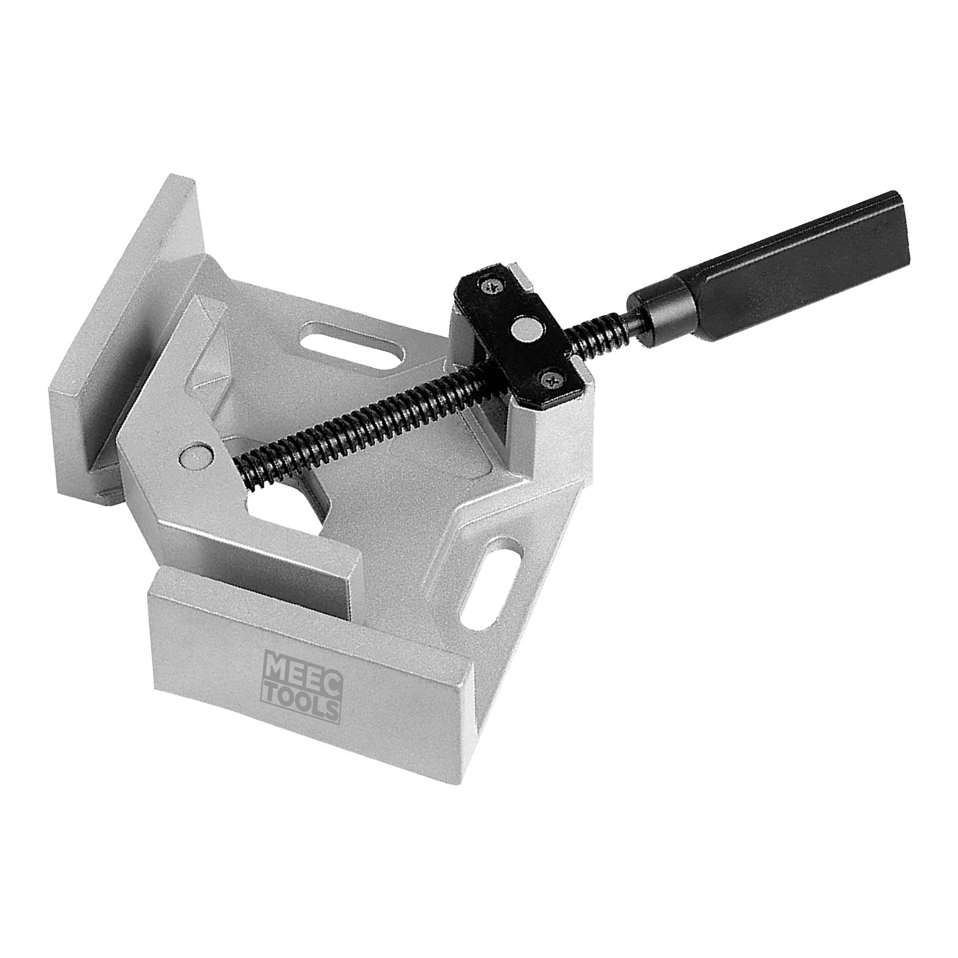 Meec Tools vinkelskruvstäd har två rörliga käftar och ett svart handtag för justering, tillsammans med tre hål för montering och Meec Tools-logotypen på sidan. Den är avsedd att säkert hålla föremål i en 90-graders vinkel.