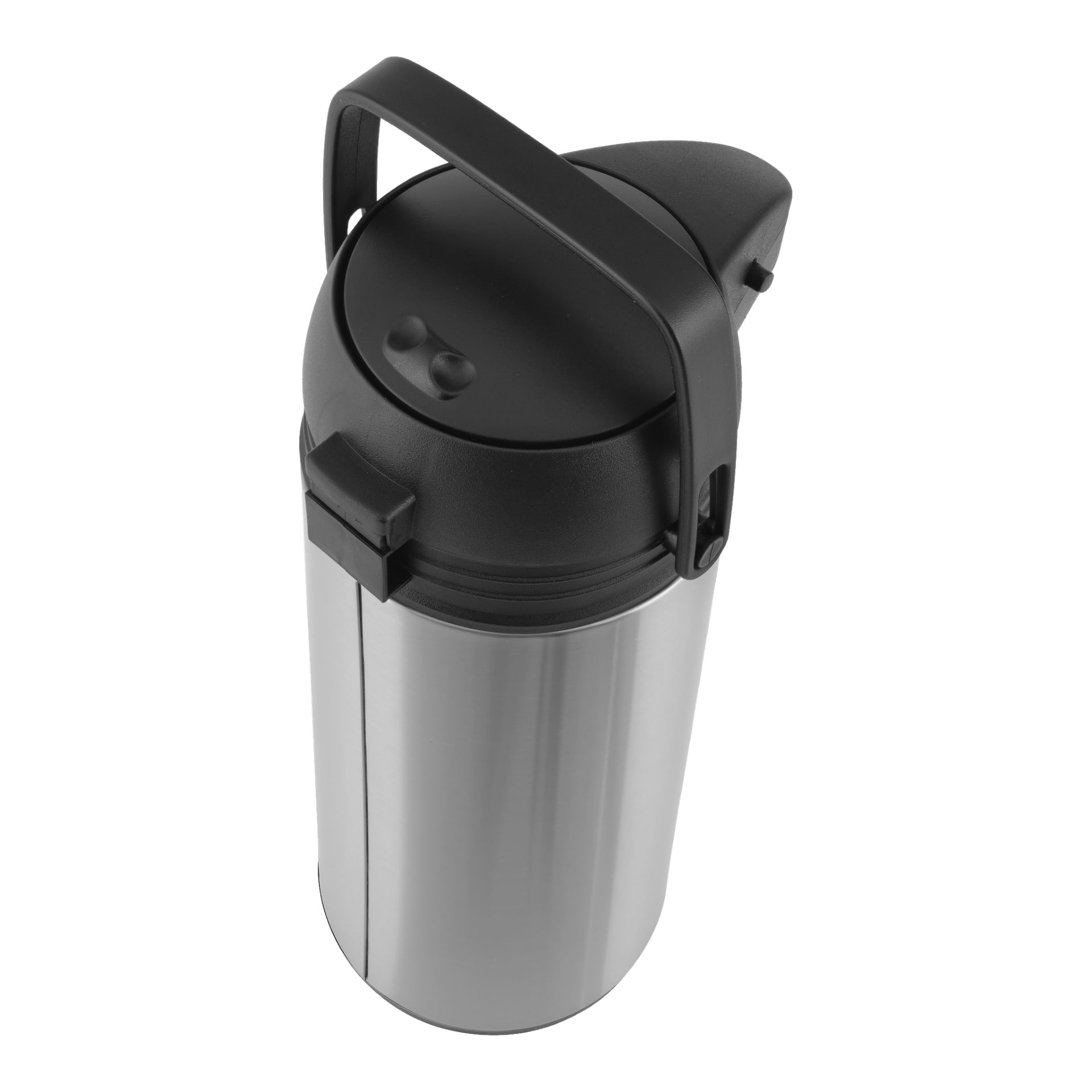En rostfri Menuett Pump-termos med svart plastlock och handtag visas i vinkel. Locket har två knappar och en pip för enkel utdelning av drycker.