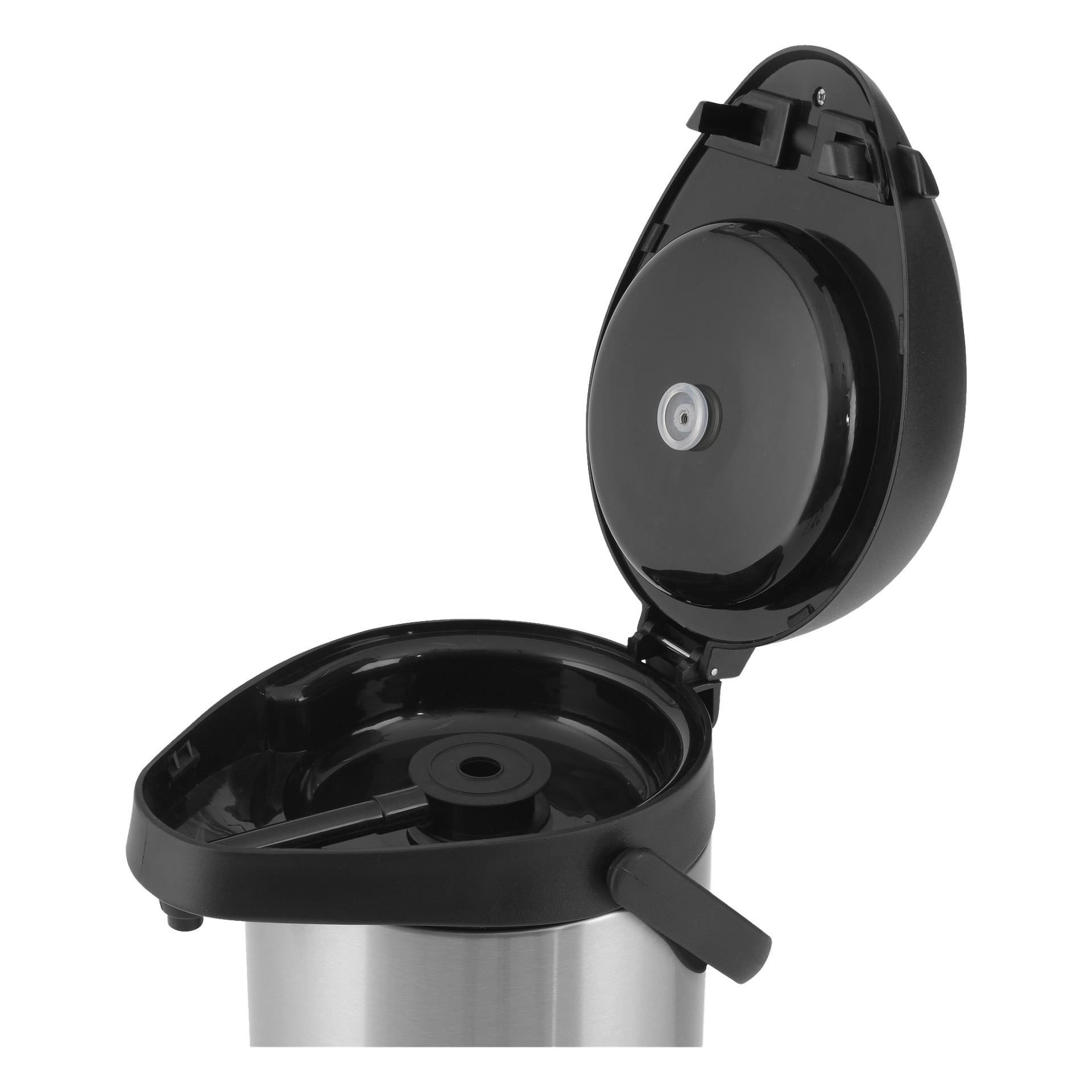 En Menuett Pump-termos med sitt öppna svarta lock som blottar insidan av locket och termosöppningen, medan en del av pipen och handtaget syns.