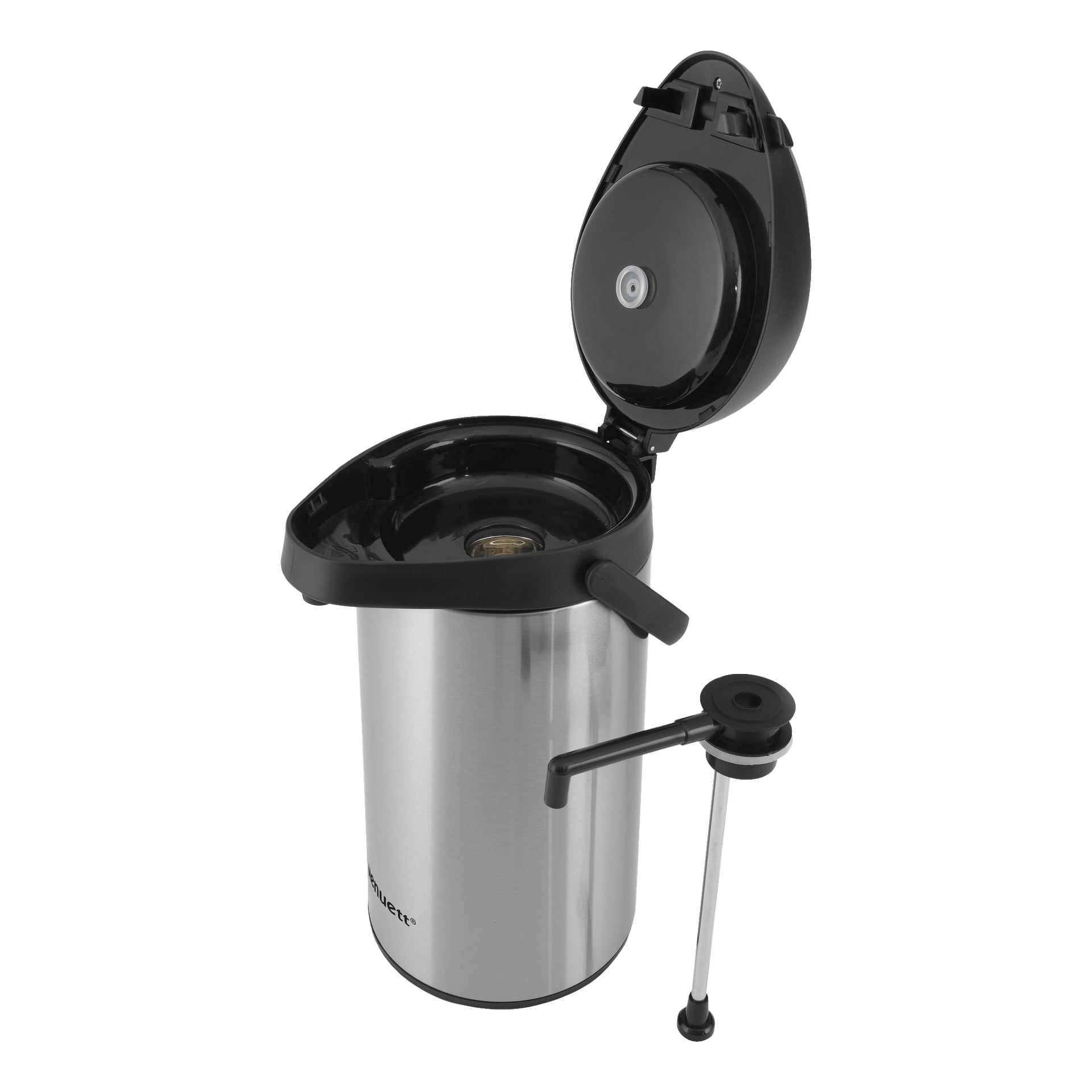 En Menuett pumptermos med öppet svart lock visar insidan av rostfritt stål, och den avtagbara pumpmekanismen är placerad bredvid.