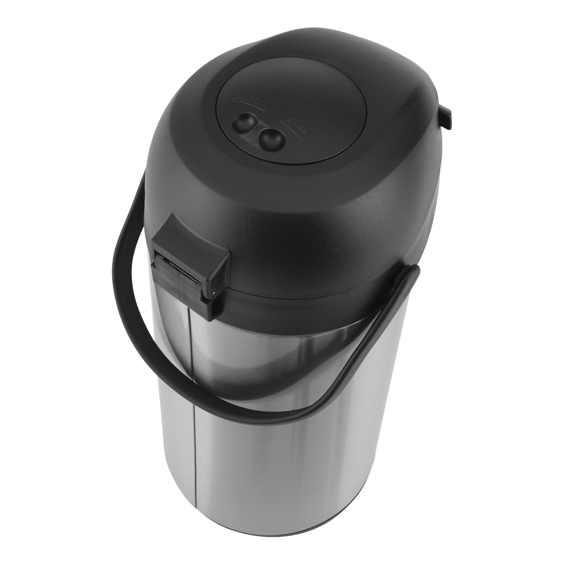 En Menuett Pump-termos i rostfritt stål med svart plastlock och handtag, utrustad med två doseringsknappar på toppen.