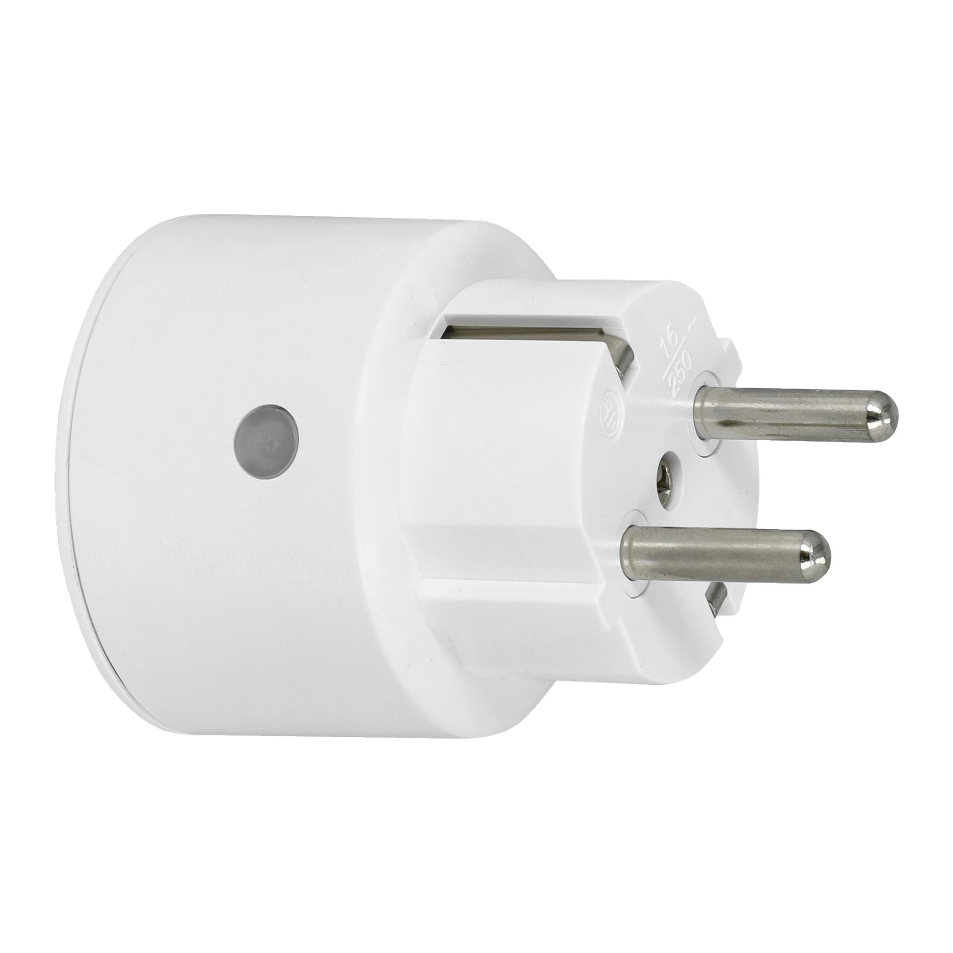 En europeisk smart kontaktadapter med två runda stift och en liten cirkulär knapp eller indikator på sidan. Anslut Remote Power Switch + Remote Control 2-pack är avsedd för användning med vanliga strömuttag.