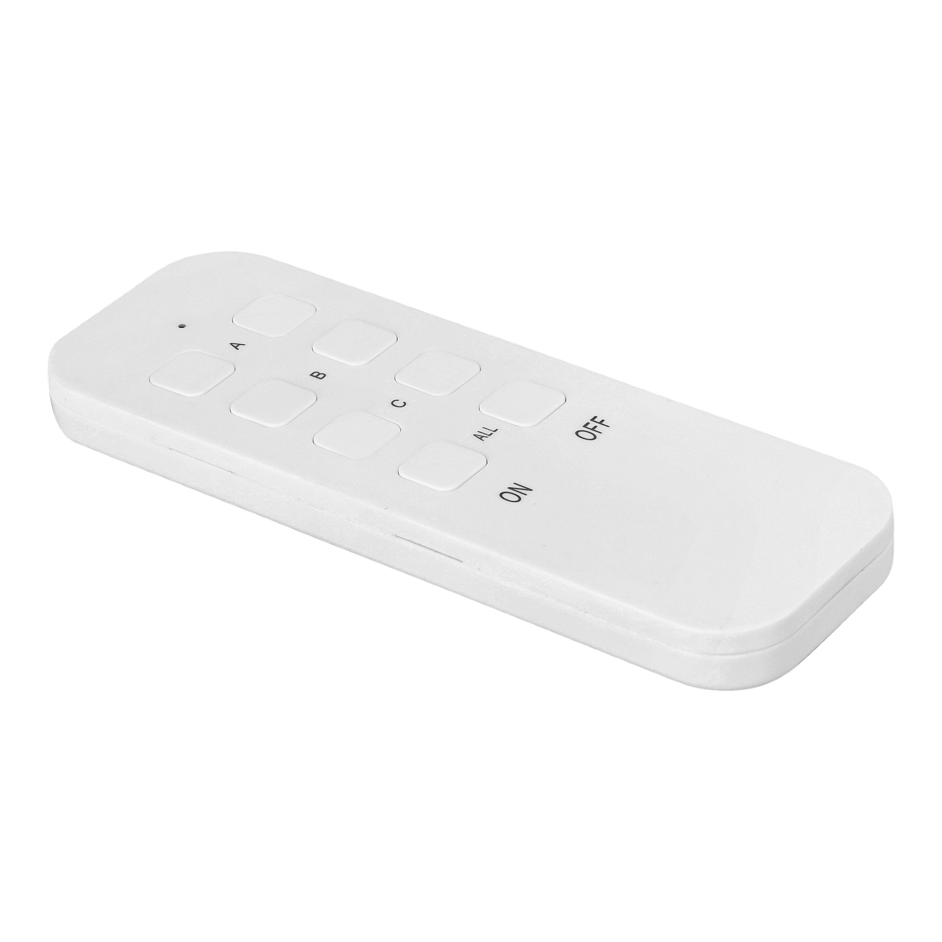 Anslut Remotes strömbrytare och 2-pack för fjärrkontroll inkluderar en vit fjärrkontroll med åtta rektangulära knappar, märkta A, B, C, ALL, ON och AV. Dessa knappar är organiserade i två rader på fjärrkontrollen, som har mjukt rundade kanter.