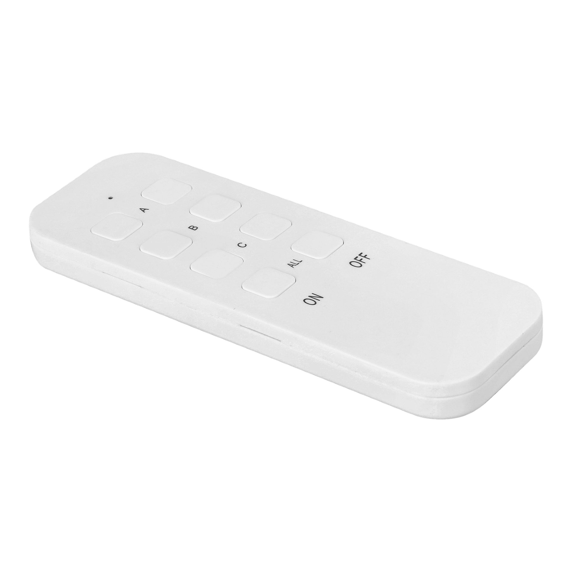 Anslut Remote strømbryter og fjernkontroll 2-pakning inkluderer en hvit fjernkontroll med åtte rektangulære knapper, merket A, B, C, ALLE, PÅ og AV. Disse knappene er organisert i to rader på fjernkontrollen, som har jevnt avrundede kanter.