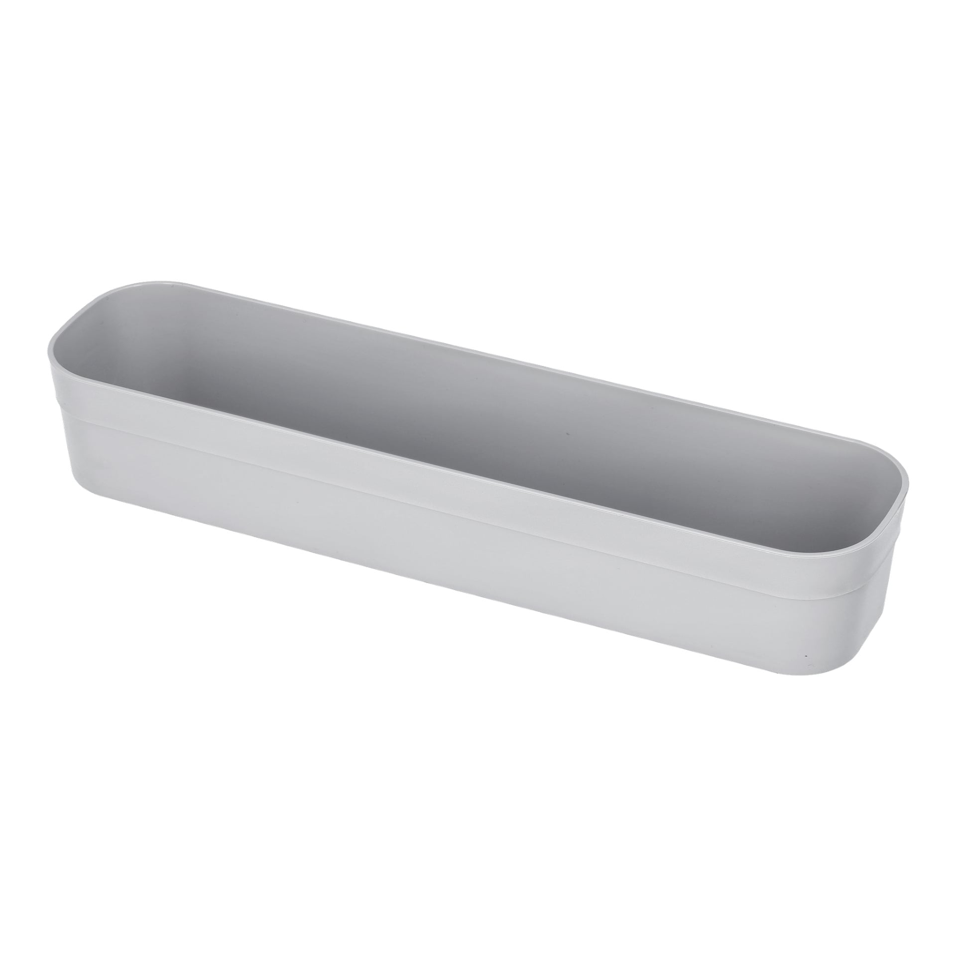 Ett ljusgrått, rektangulärt Hard Head Drawer-inlägg av plast har rundade hörn och släta sidor.