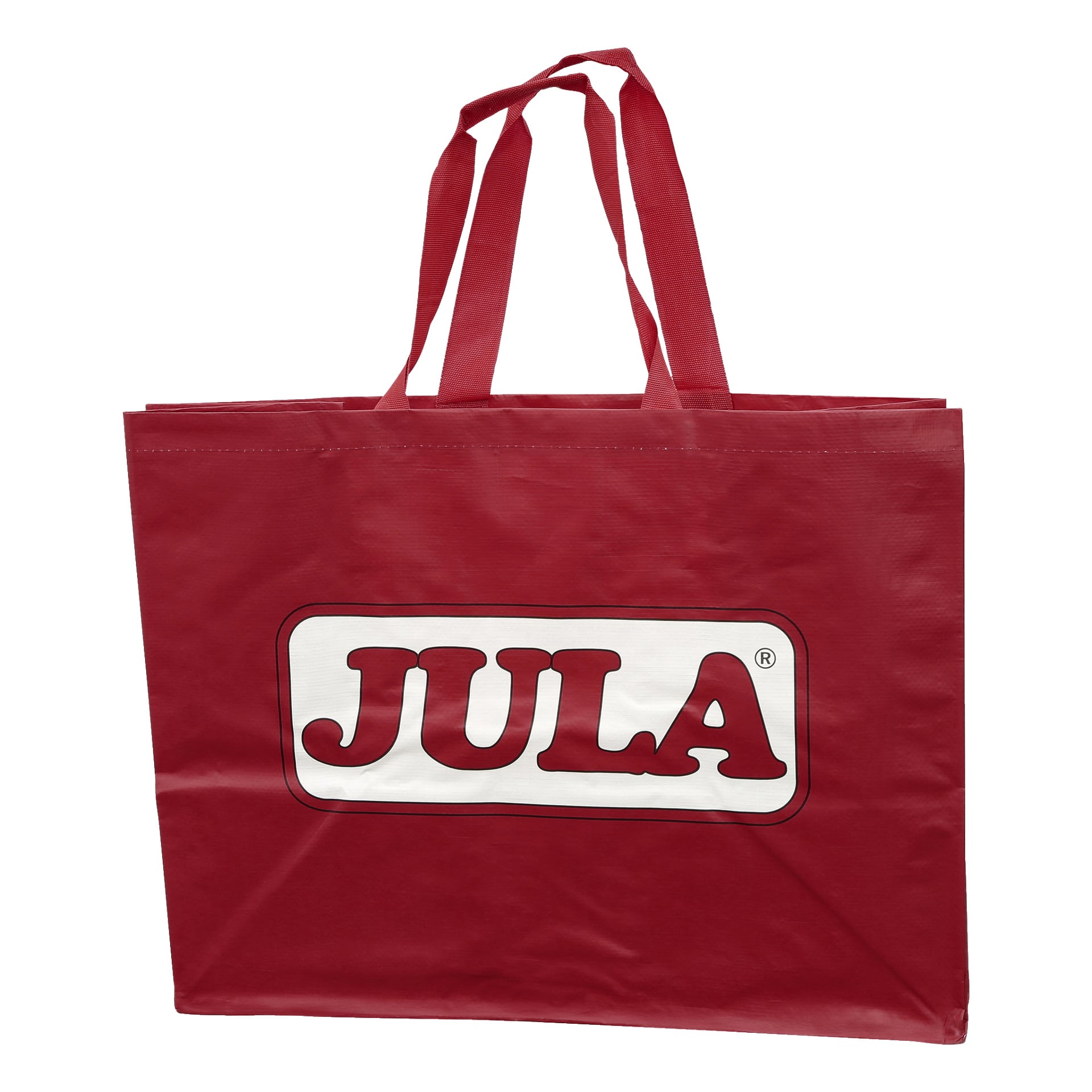 En röd återanvändbar väska från Jula med två handtag. Framsidan visar en vit rektangel med ordet "Jula" i fet röda bokstäver.