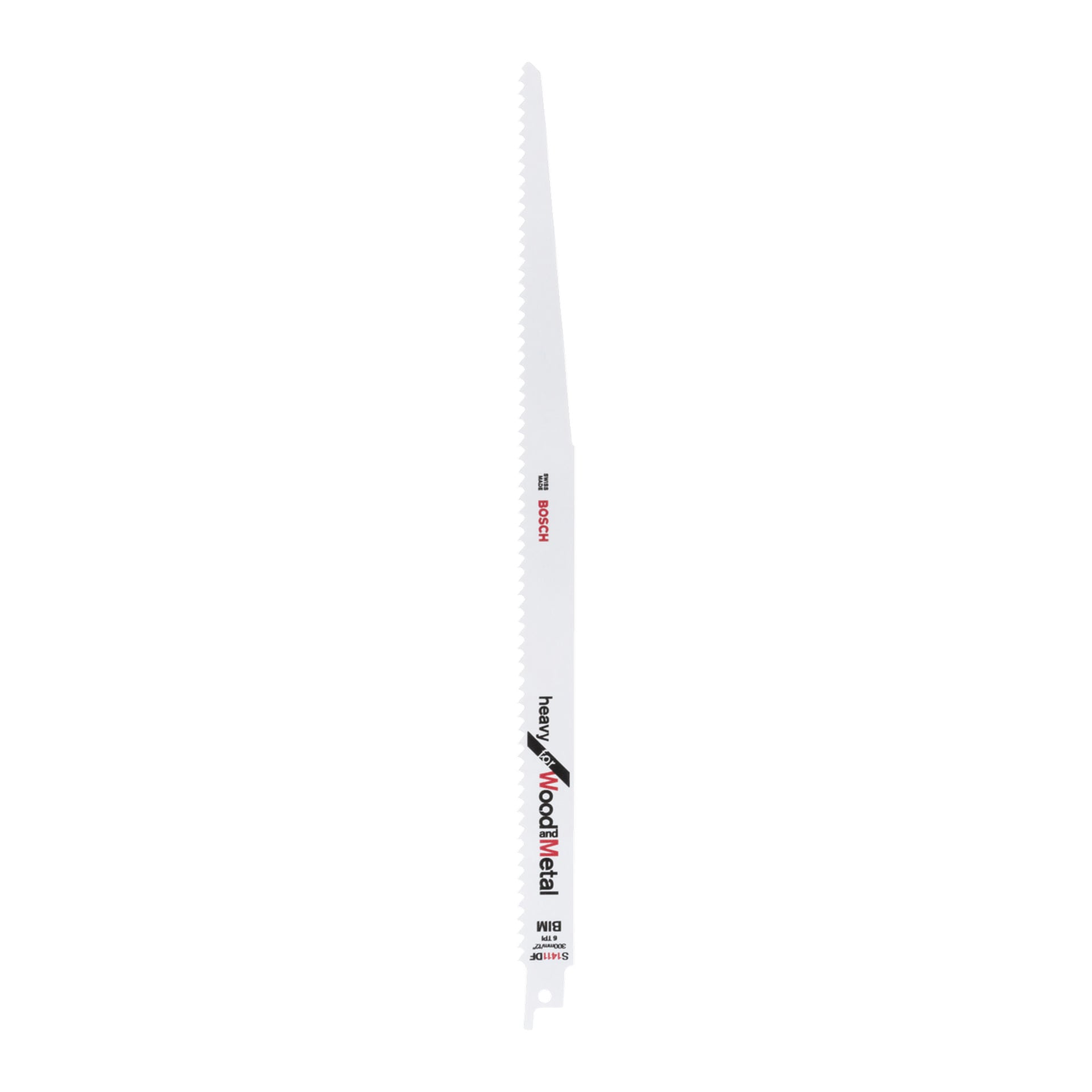 Zweipack Bosch-Recipro-Sägeblätter mit der Bezeichnung Swiss Made, schwer für Holz und Metall, BIM, 6 TPI, 300mm/12 und S1411DF.