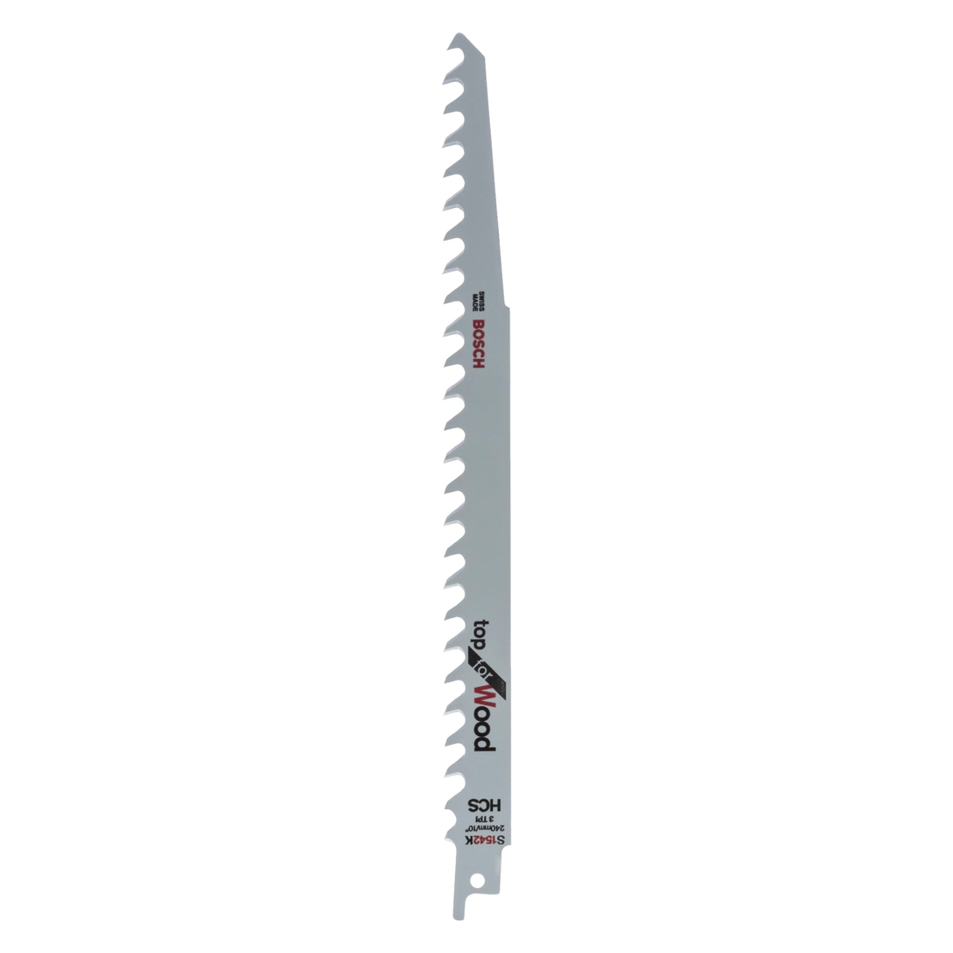 Bosch reciprok sågblad med texten S 1542 K, SCHWEIZISKT TILLVERKAT, topp för Wood, HCS, 3 TPI och 240 mm/10".