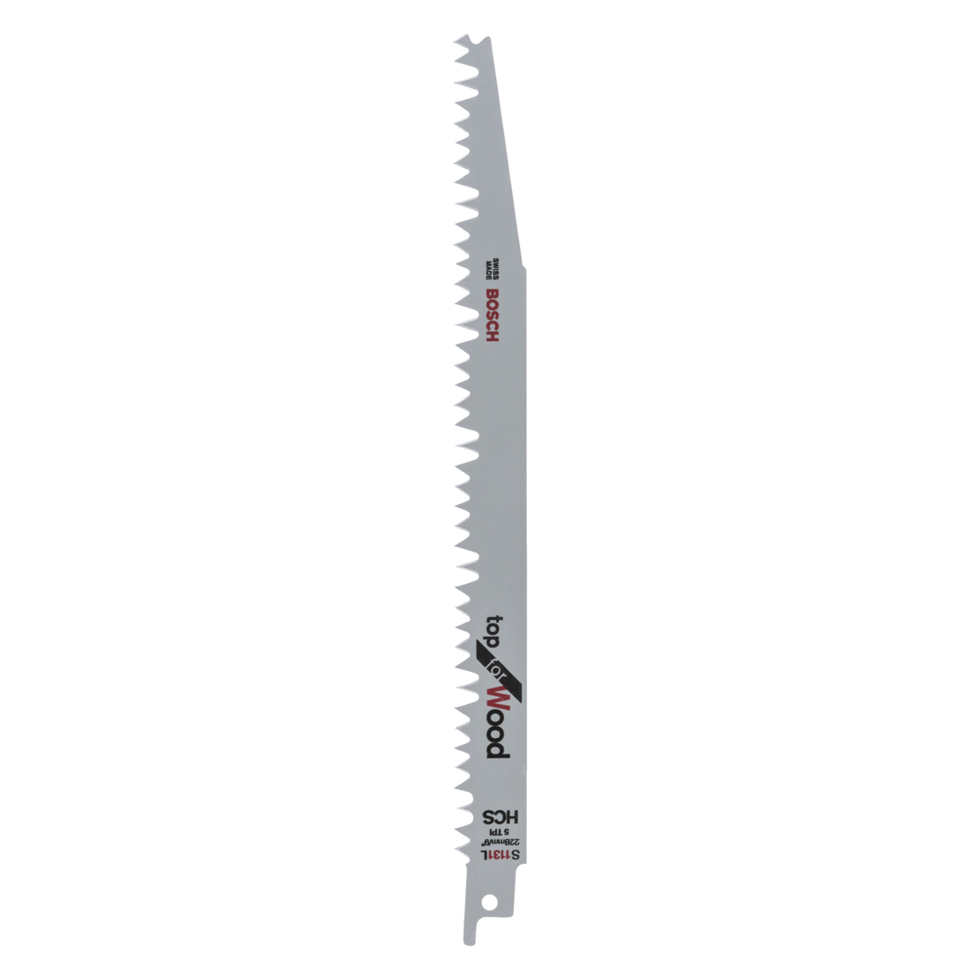 Bosch Reverprocal -sahaterä, jossa on Swiss Manufacture, kansi puulle, HCS, 5 TPI, 228mm/9" ja S 1131 L painettu sivulle.