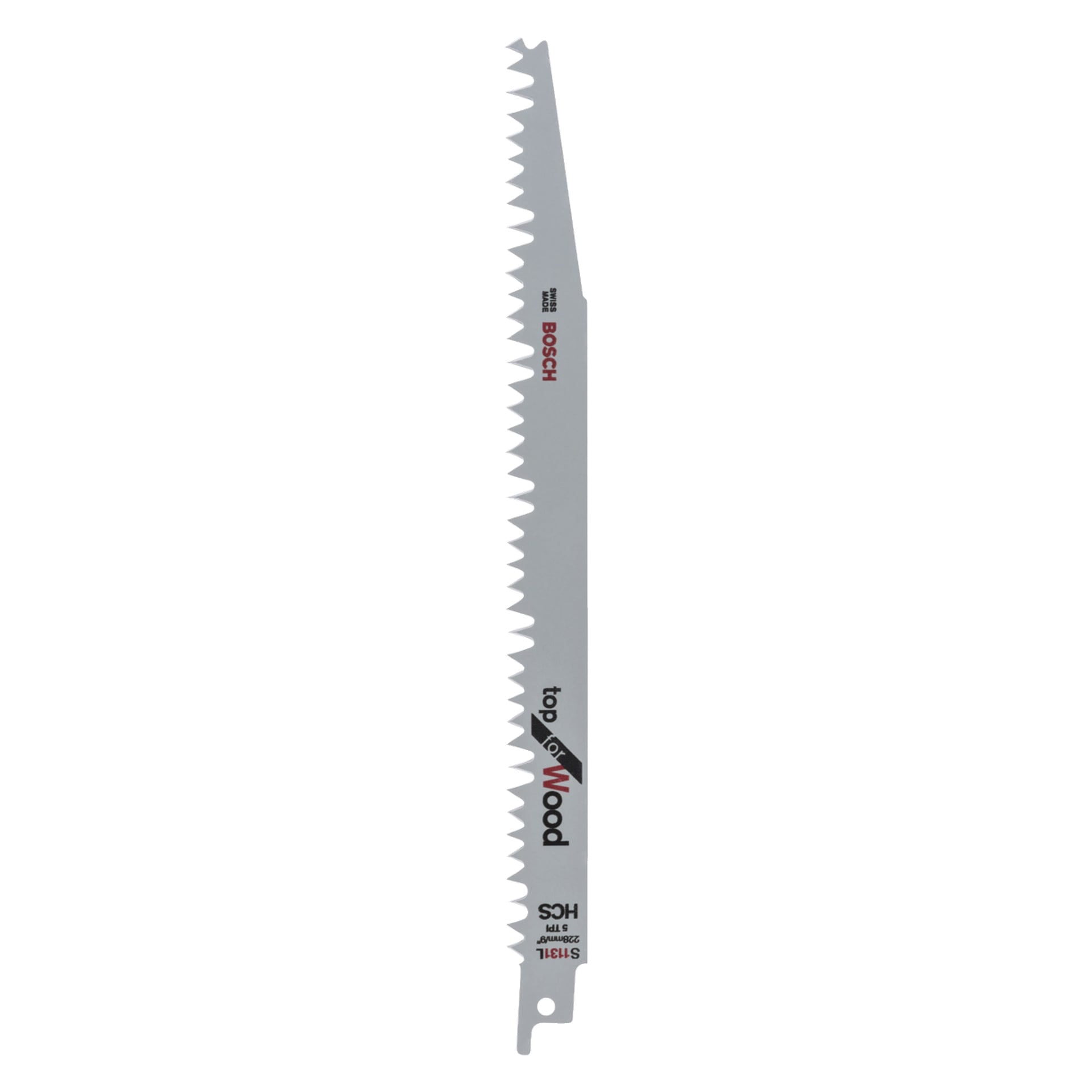 Ett Bosch reciprok sågblad med Swiss Made, topp för trä, HCS, 5 TPI, 228 mm/9" och S 1131 L tryckt på sidan.
