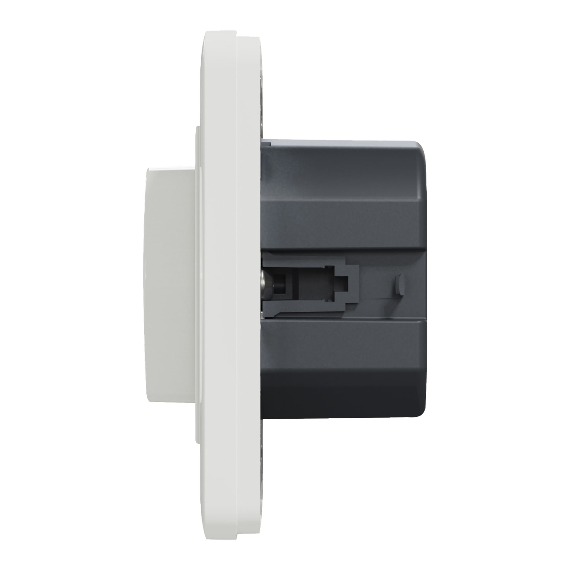 Sivunäkymä Schneider Electric Dimmer Exxactista, sähköisestä seinäkytkimestä, jossa on suorakaiteen muotoinen valkoinen ja musta kuvio, paljastaa muovikotelon ja paljastuneet sisäiset kiinnitysosat. Hyvin valaistu valokuva korostaa sen piirteitä selvästi.