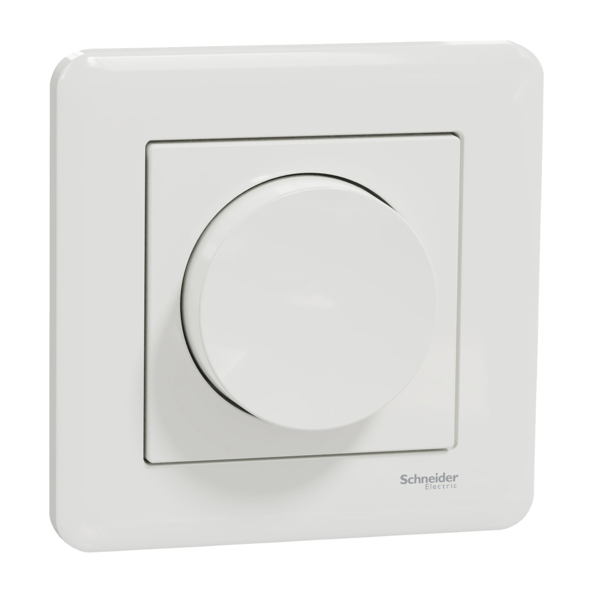 Schneider Electricin Dimmer Exxact on seinälle asennettava valkoinen himmenninkytkin, jossa on pyöreä keskinuppi neliömäisen paneelin päällä. Schneider Electricin logo näkyy oikeassa alakulmassa.
