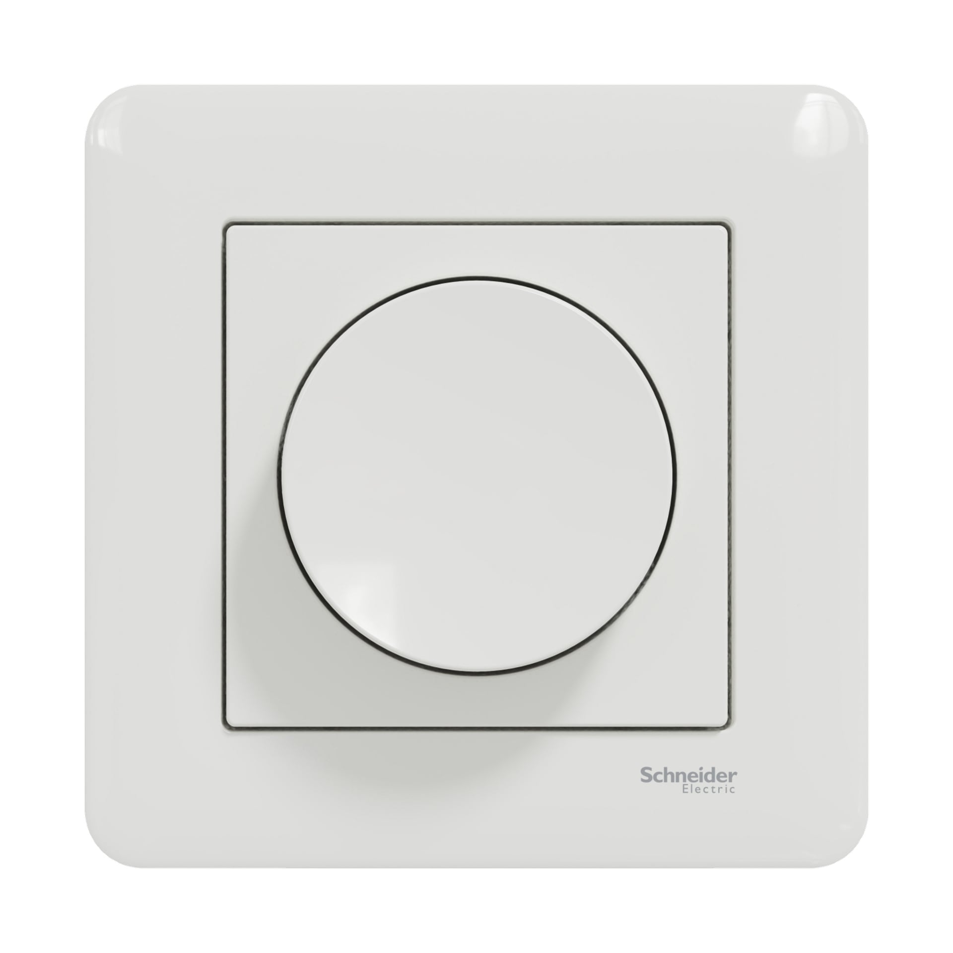Schneider Electricin neliönmuotoinen, valkoinen Dimmer Exxact -kytkin, jossa keskellä on näkyvä pyöreä kellotaulu, asennettu tasaiselle pinnalle. Pieni tuotemerkki näkyy oikeassa alakulmassa.