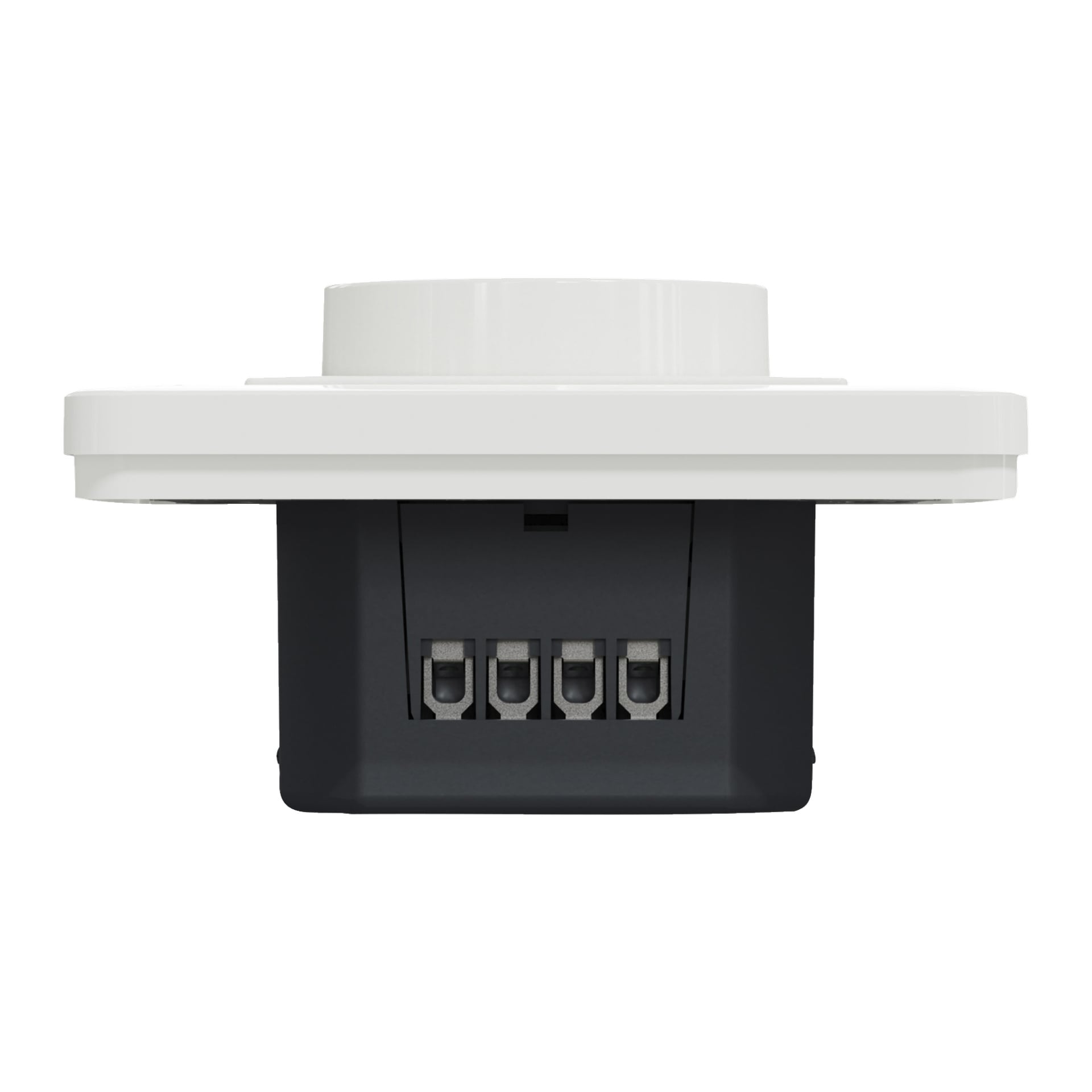 Lähikuva Schneider Electric Dimmer Exxactista korostaa sen neljää liitäntänapaa mustalla alaosassa sekä litteällä, pyöreällä valkoisella yläosalla.