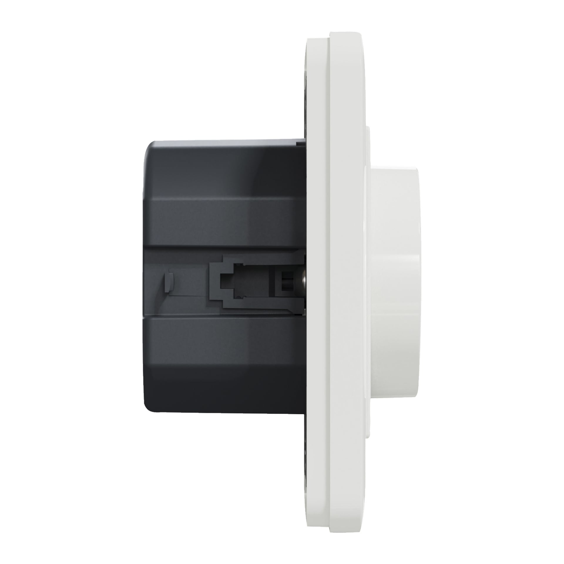 Sivunäkymä Schneider Electric Dimmer Exxactista, seinälle asennetusta sähkölaitteesta, jossa on valkoinen etulevy ja musta kotelo.