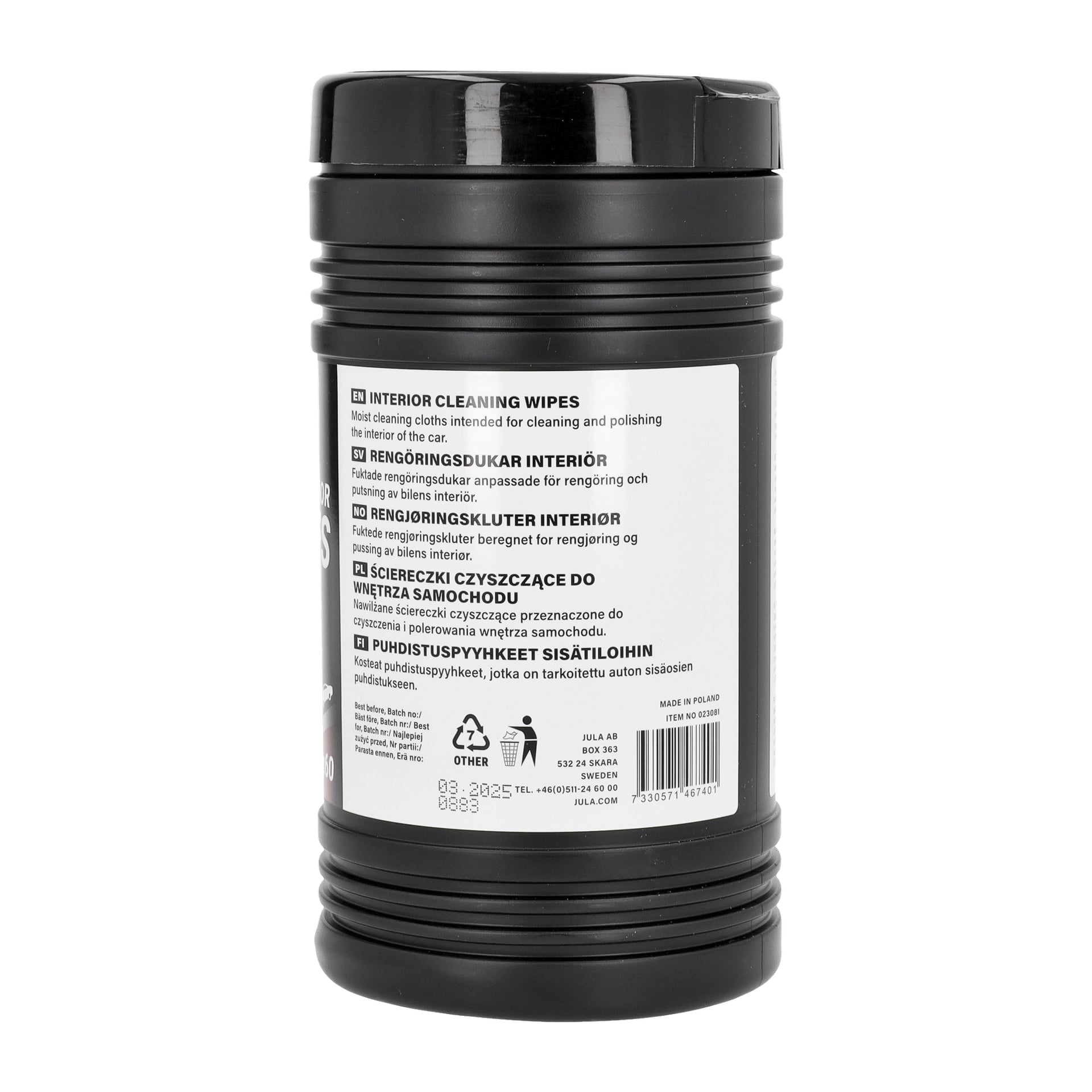 Chusteczki Hamron Cleaning for Interior w zestawie 60 są zapakowane w czarne plastikowe opakowanie z pokrywką na zaciskanie. Etykieta zawiera informacje o produkcie, symbole recyklingu, kod kreskowy oraz dane kontaktowe producenta.