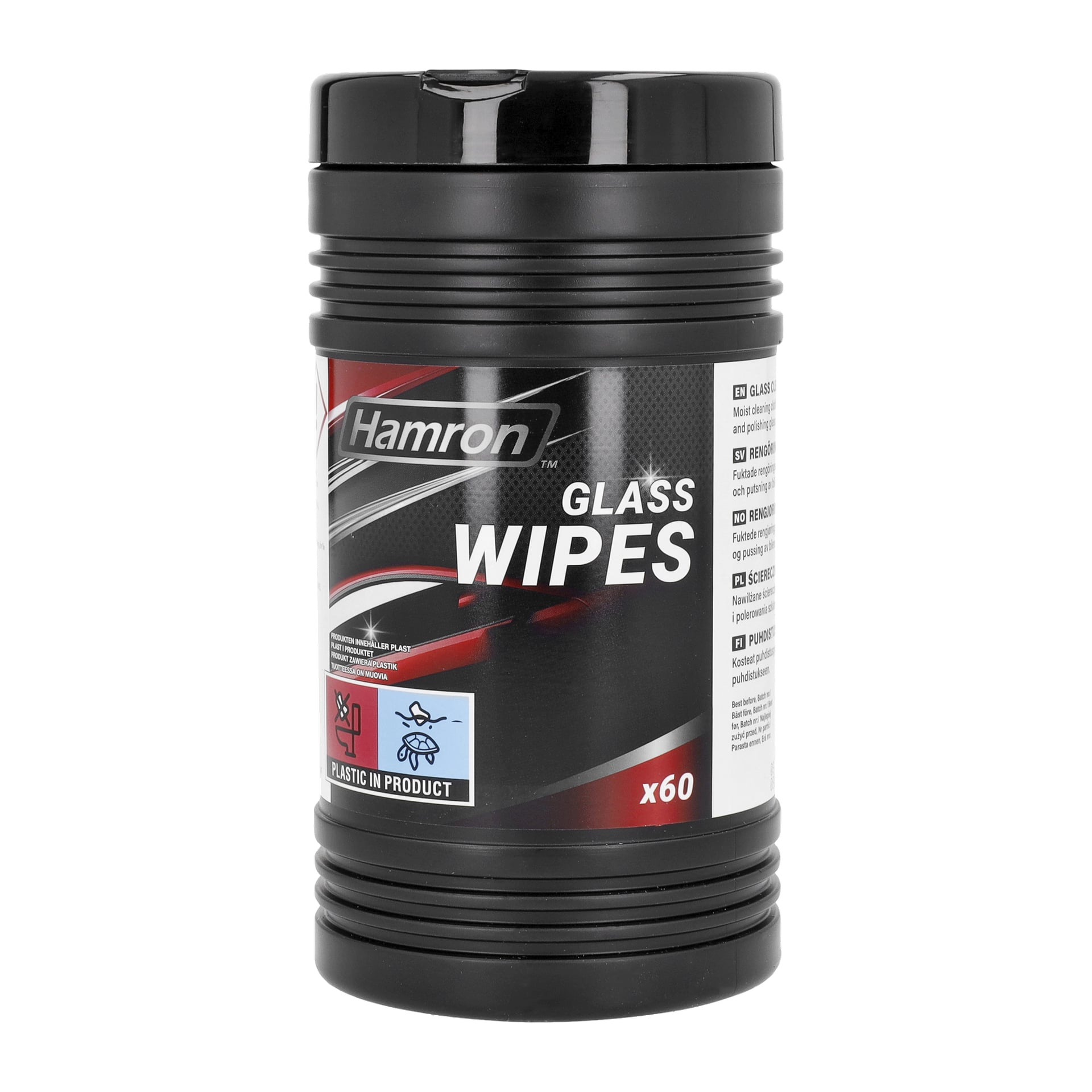 cylindryczny pojemnik z czerwonymi, białymi i srebrnymi akcentami zawiera etykietę Cleaning cloths for glass 60 pack. Na opakowaniu jest napisane, że zawiera 60 chusteczek, a notatki zawierają plastik.