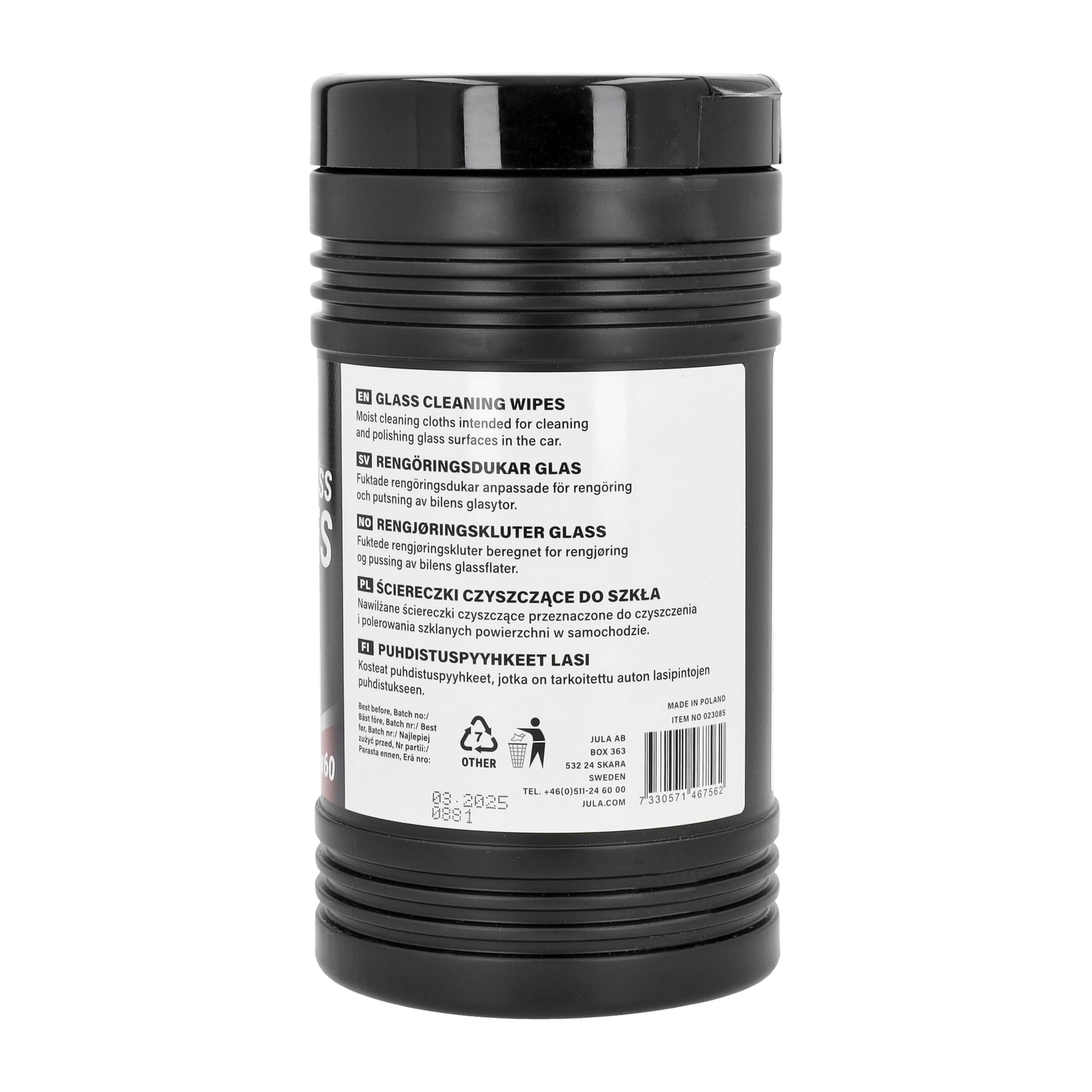 Cylindryczne pojemnik z napisem Clean cloths for glass 60 pack od Hamron, zawierający instrukcje, symbole recyklingu oraz datę ważności wydrukowaną na etykiecie.