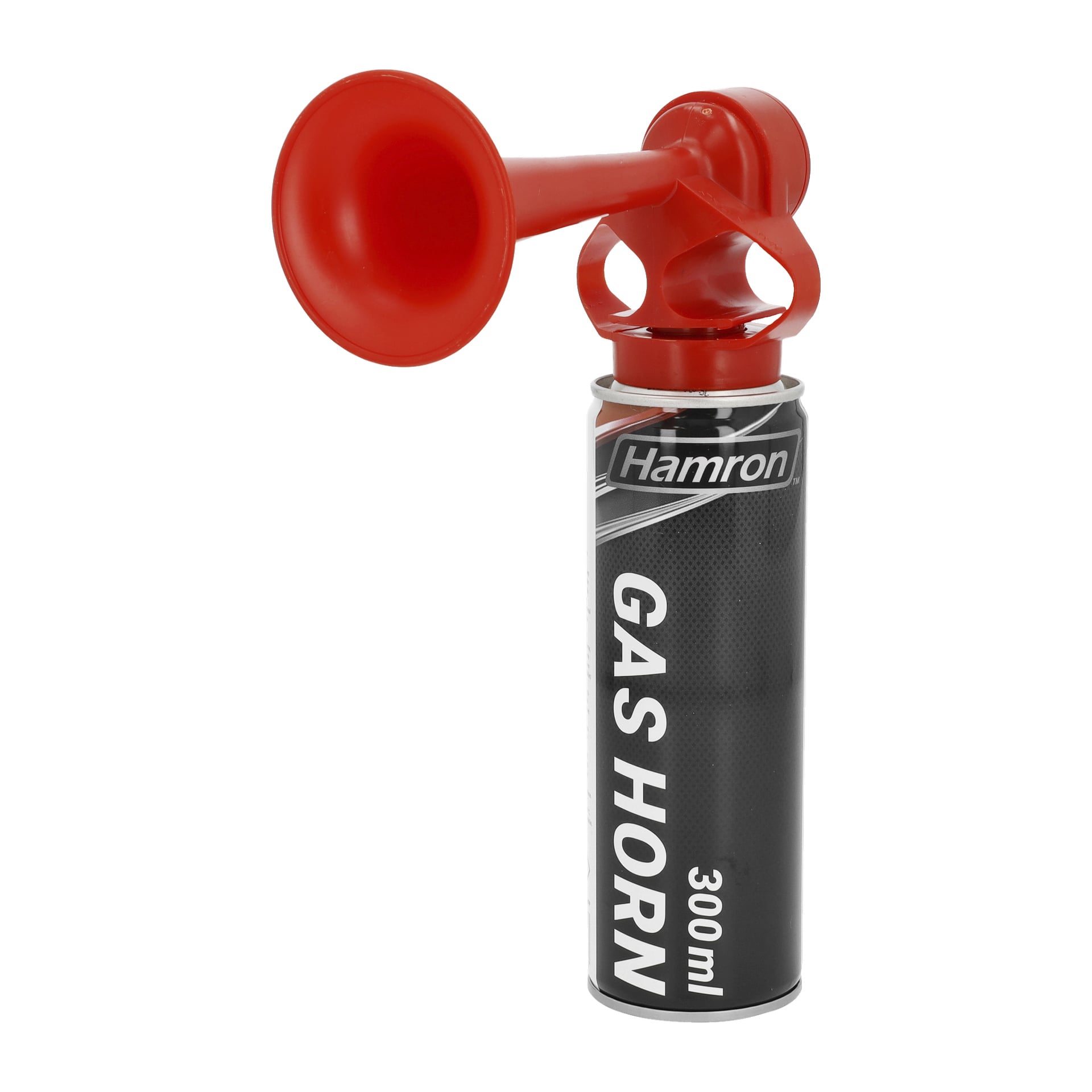 Ett Hamron Gas-horn står upprätt, med ett rött horn kopplat till en metallbehållare.