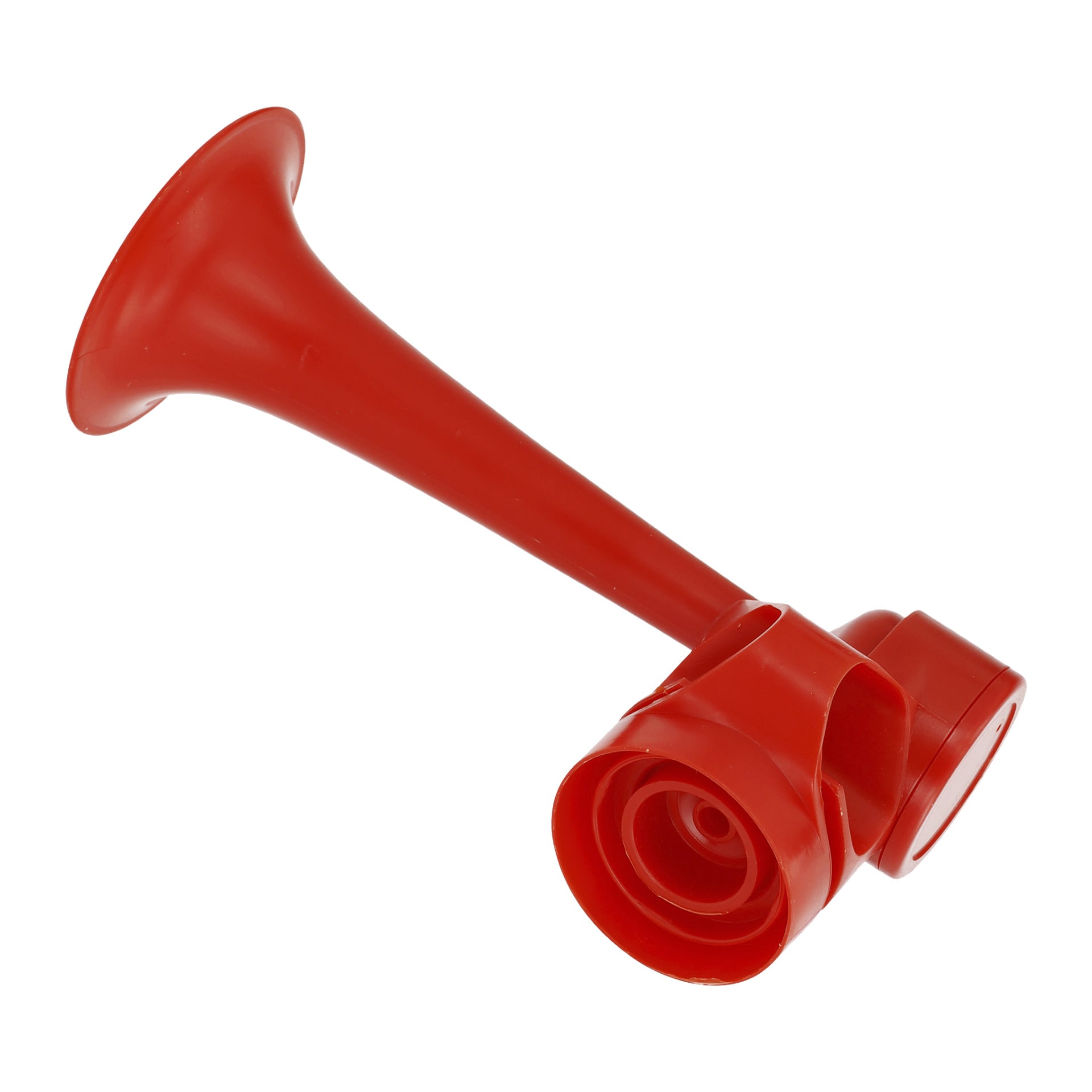 Ett Hamron Gas-horn med en lång, utsvängd röd plasttrumpet och en cirkulär bas.