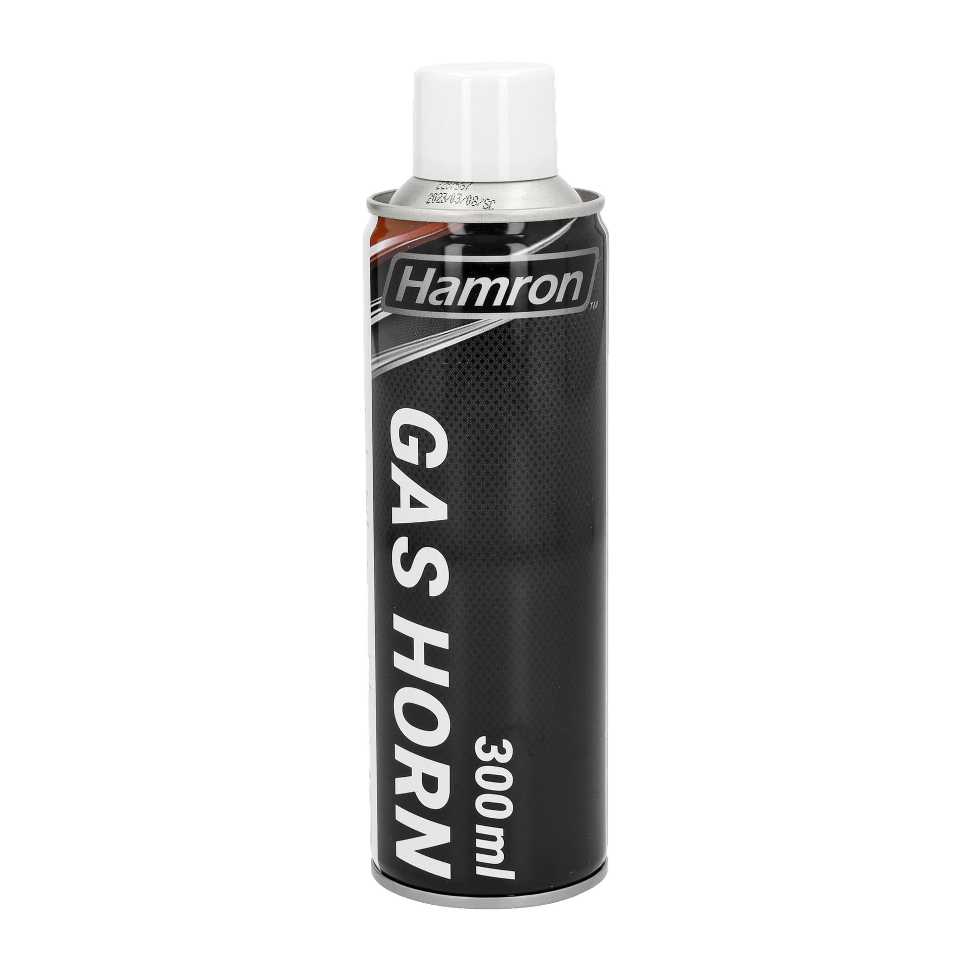 Ett 300 ml Hamron Gas Horn i svart och silver, utrustat med ett vitt plastlock och gjort för att avge höga ljud.