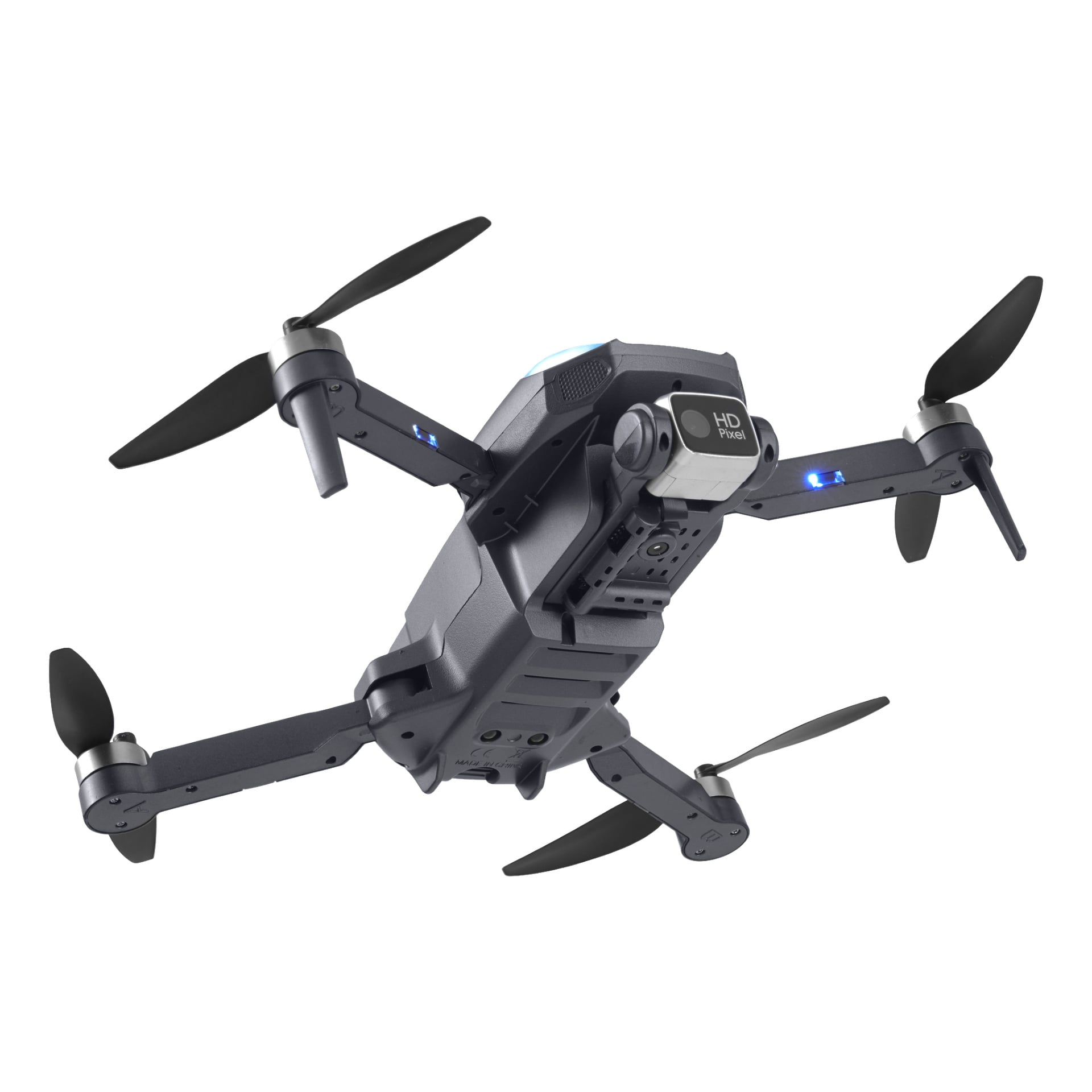Kayoba Drone med 1080p-kamera och GPS har en slank svart design, fyra propellrar och blå LED-lampor på armarna.