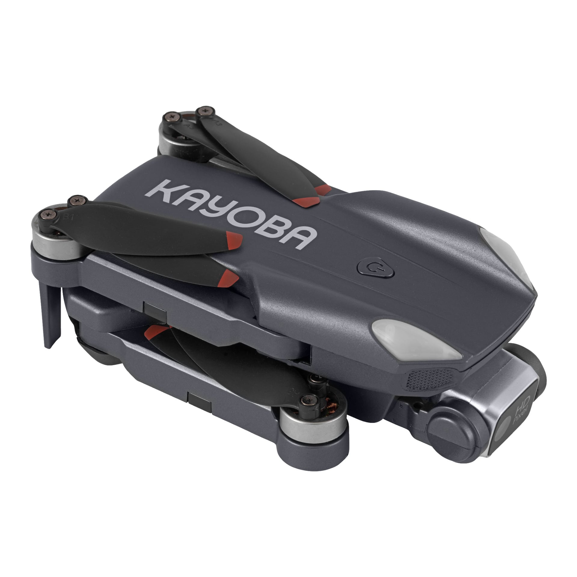 En vikt mörkgrå drönare från Kayoba med en 1080p-kamera, GPS, svarta propellrar, röda accenter, synlig frontkamera och KAYOBA i stora vita bokstäver ovanpå.