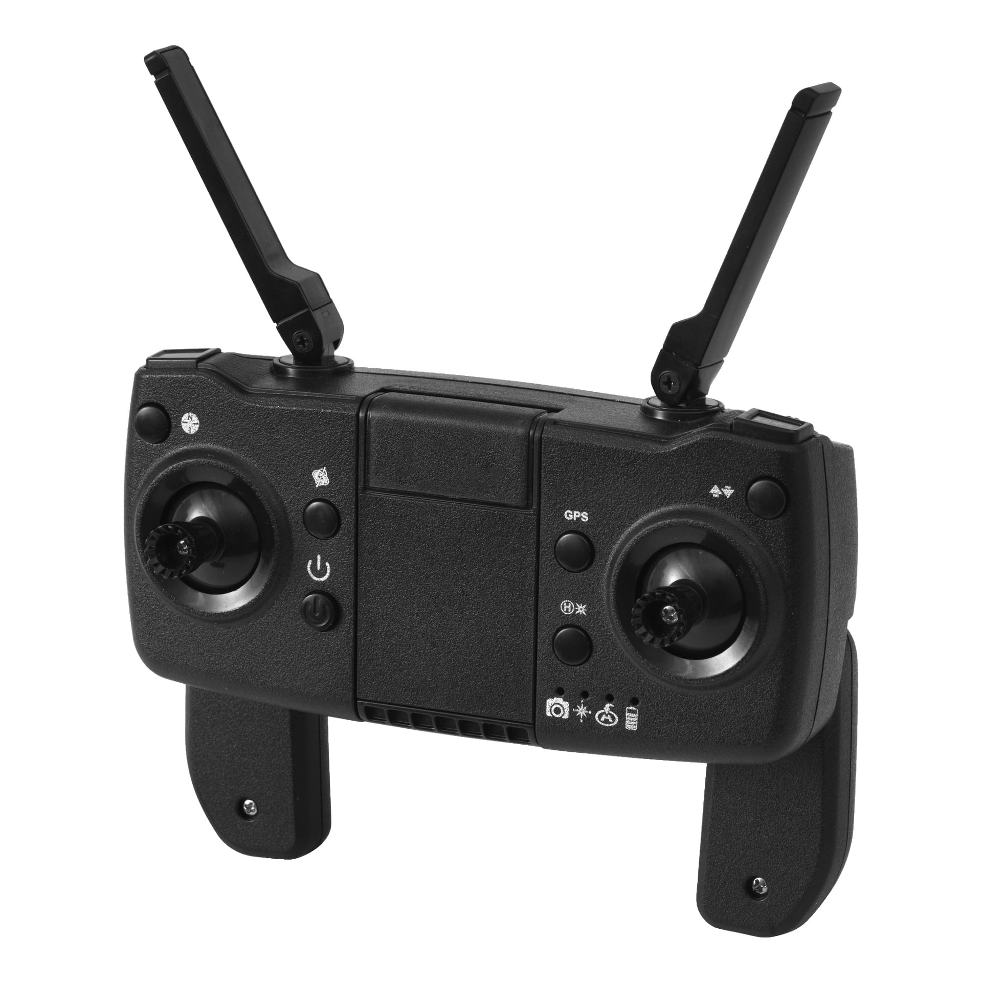 Kayoba Drone med 1080p-kamera och GPS-fjärrkontroll har dubbla antenner, två joysticks, märkta knappar och vikbara handtag.