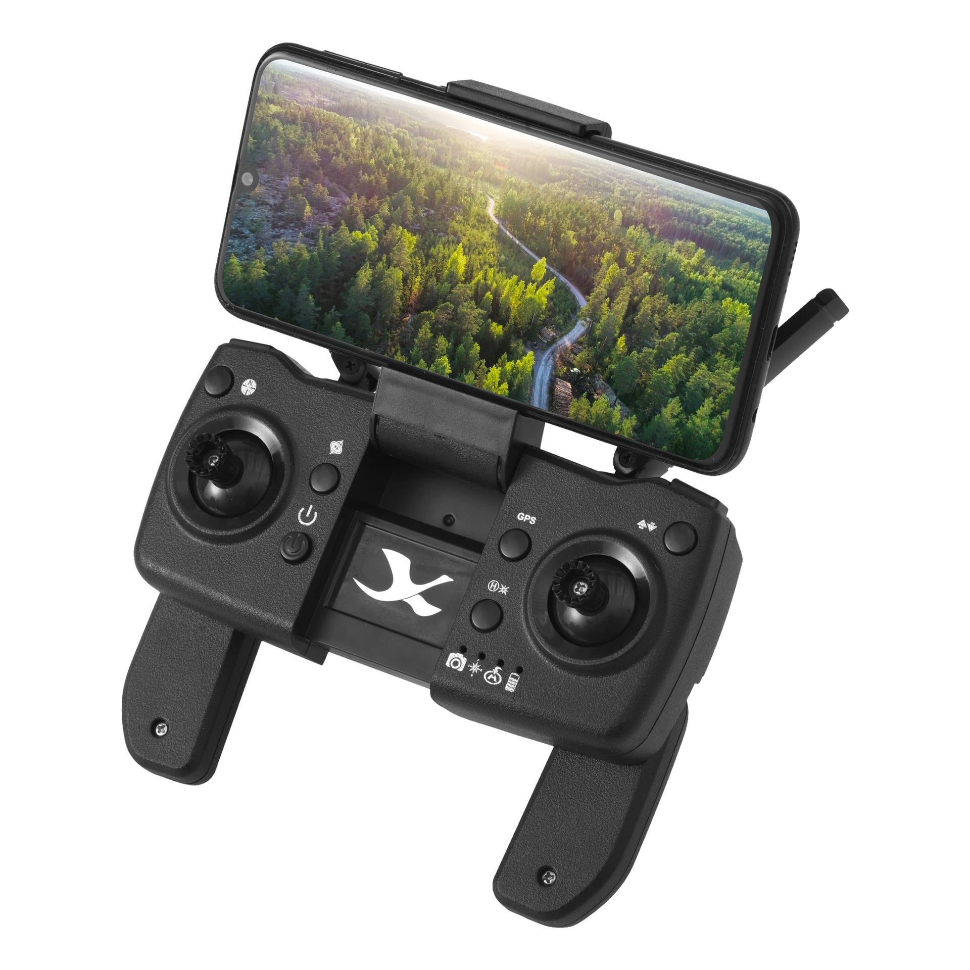 Kayoba Drone inkluderar en 1080p-kamera och en GPS-fjärrkontroll med två joysticks, flera knappar, en antenn och en smartphone som visar en flygbild av en slingrande väg genom en skog.