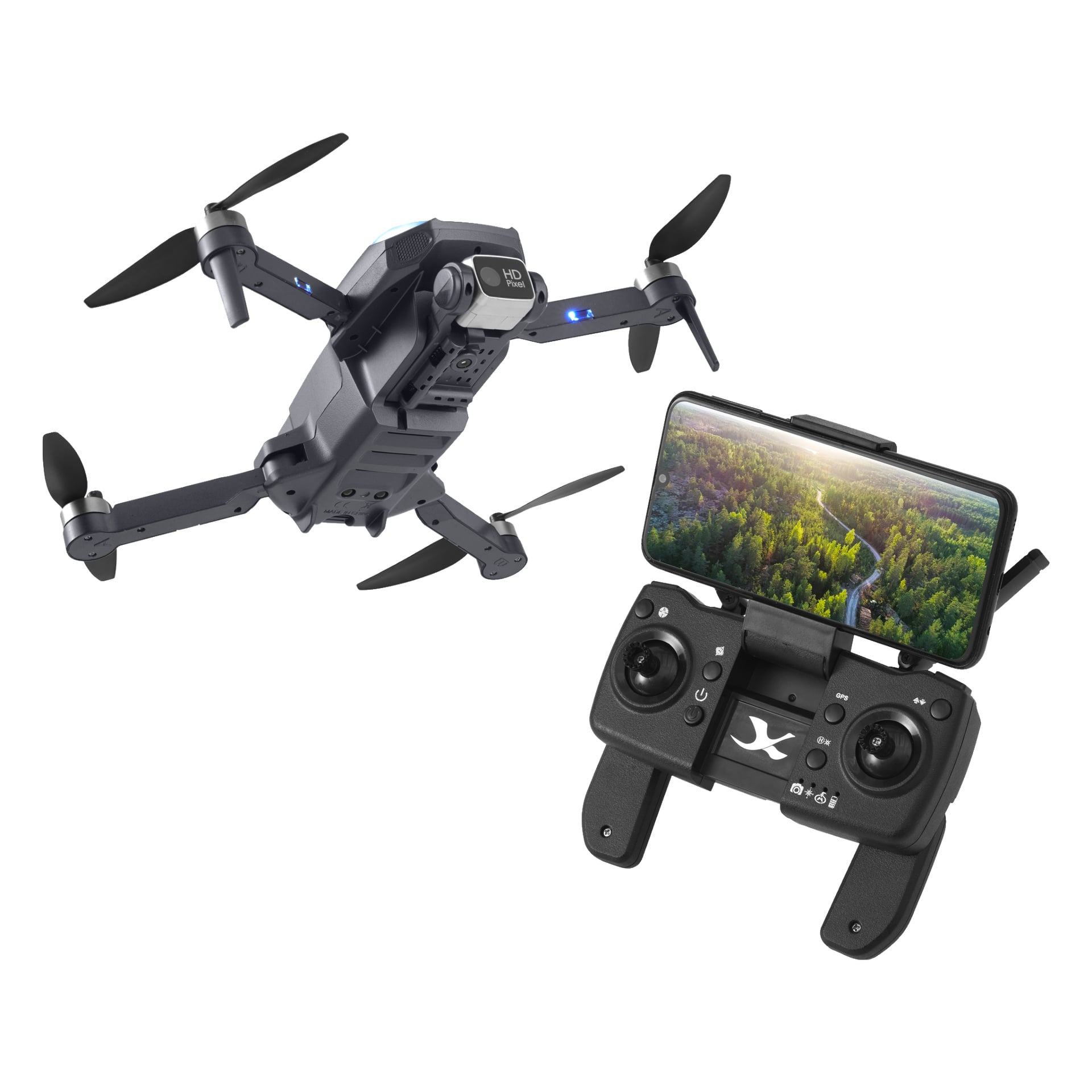 En Kayoba Drone med 1080p-kamera och GPS svävar bredvid dess svarta fjärrkontroll, där en smartphone visar en flygbild av en skog. Quadcoptern har fyra propellrar och blå indikatorlampor.