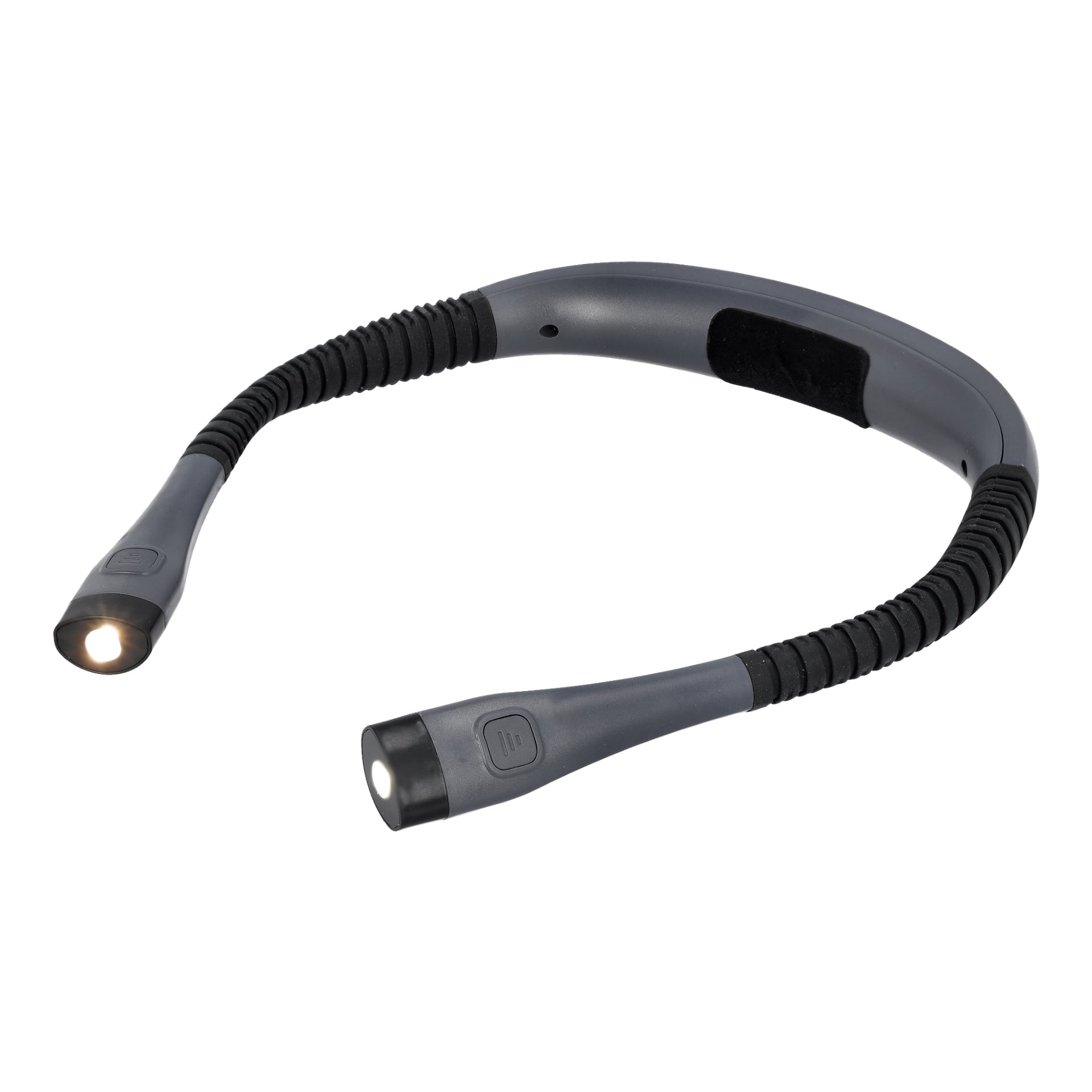 Anslut Rechargeable halslampa är en grå, flexibel lampa designad för att bäras runt halsen, med två justerbara armar med LED-lampor på varje spets och en strömknapp ovanpå varje arm.