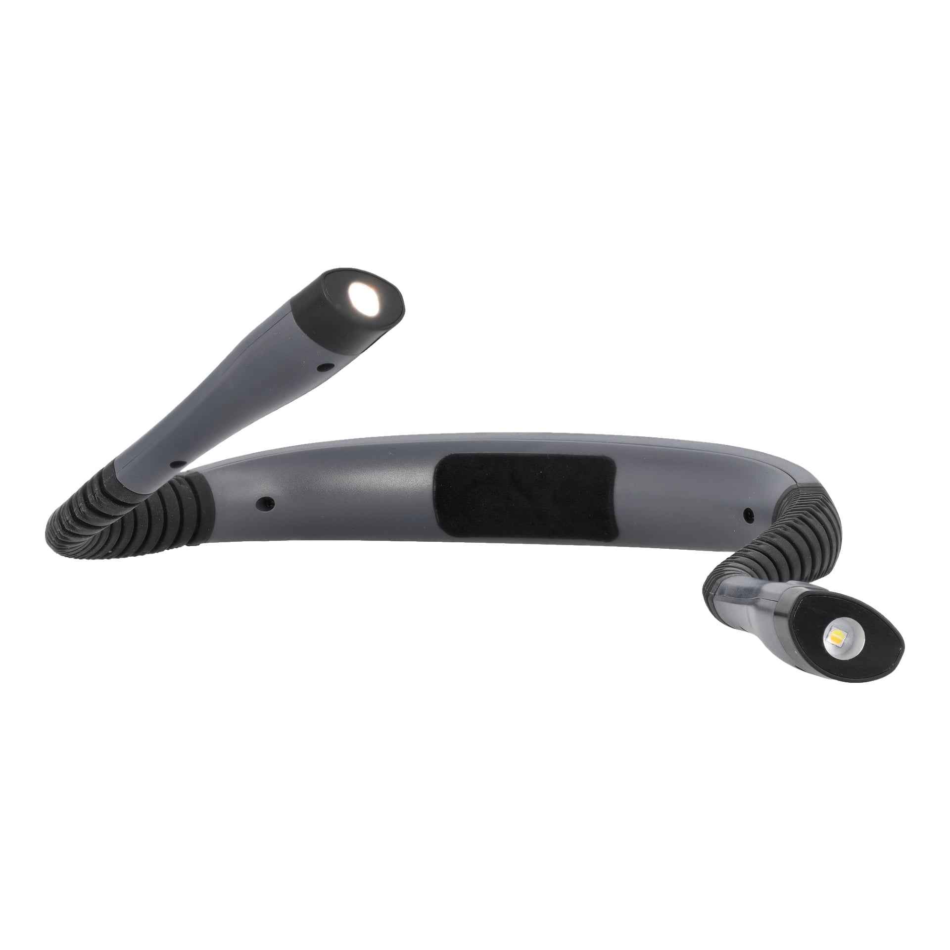 En svart, U-formad LED-halslampa med två flexibla armar, var och en slutande i en liten lampa, designad för handsfree-belysning genom att bära den runt halsen.