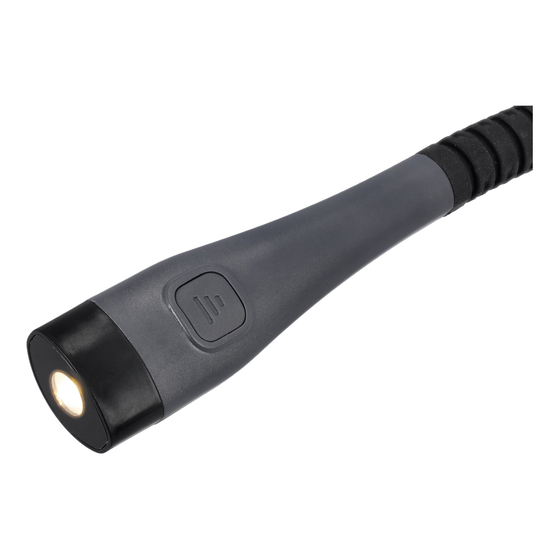 En grå, flexibel Anslut Rechargeable halslampa med svart spets är tänd. Handtaget har ett texturerat grepp och en tydlig upphöjd strömknapp. Denna lampa är gjord för fokuserad belysning i smala eller svåråtkomliga områden.