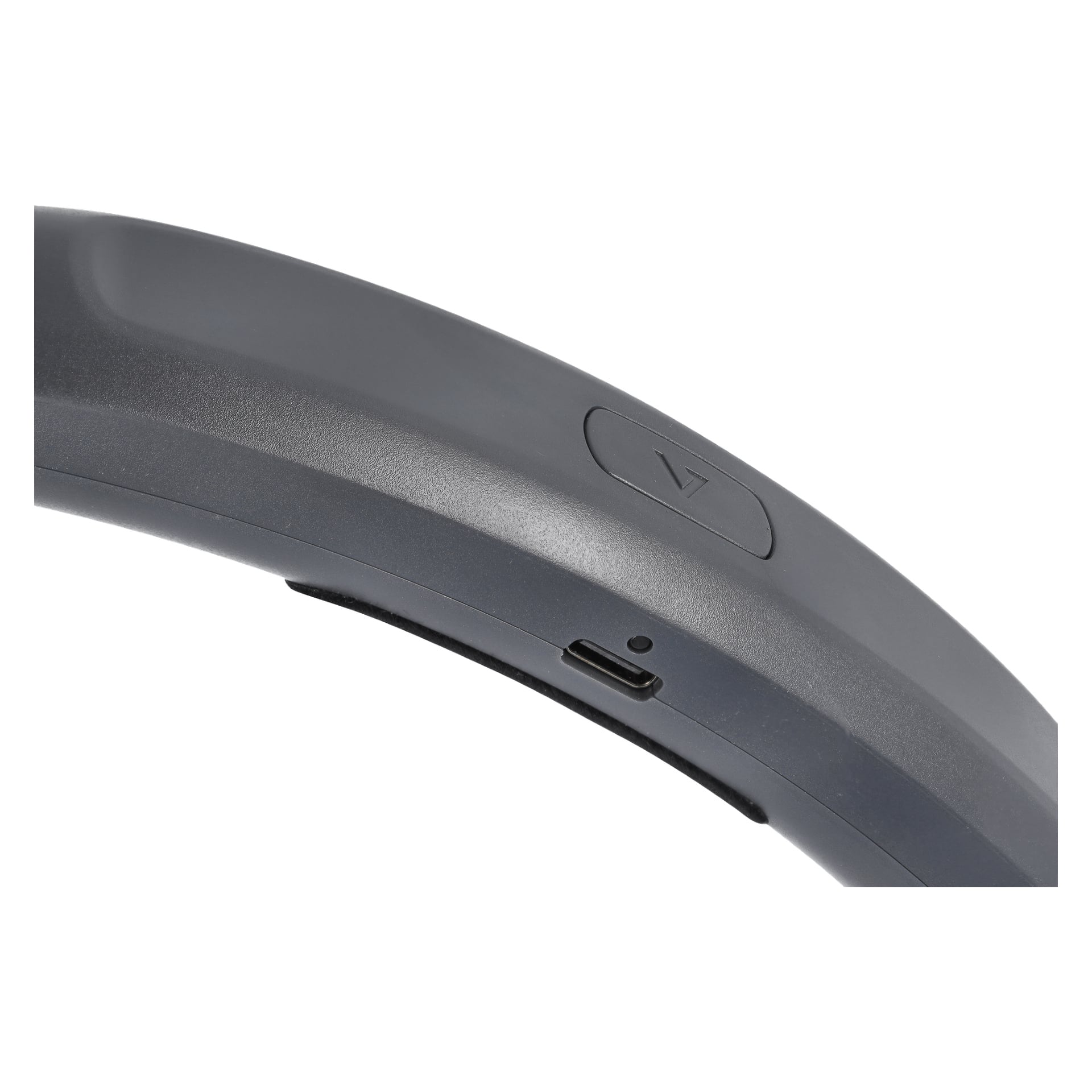 En detaljerad vy av Anslut Rechargeable halslampa visar dess slanka, lätt böjda grå plastyta, med en USB-C-laddningsport och en präglad triangulär strömknapp placerad på sidan.