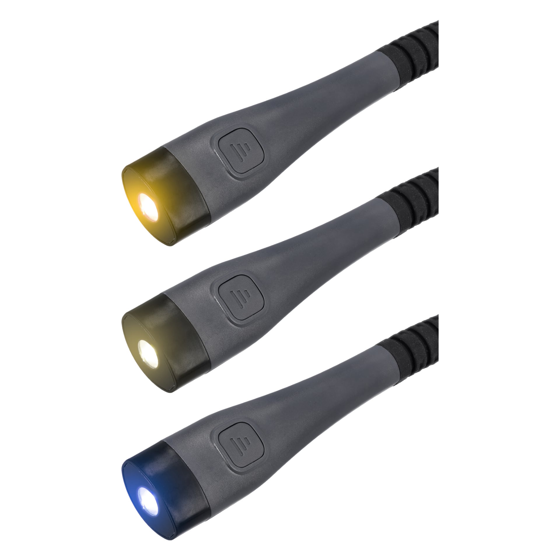 Tre identiska svarta Anslut Rechargeable halslampor med flexibla kroppar och knappar är placerade vertikalt bredvid varandra. Lampan högst upp lyser gult, den i mitten lyser vitt, och lampan längst ner avger blått ljus.