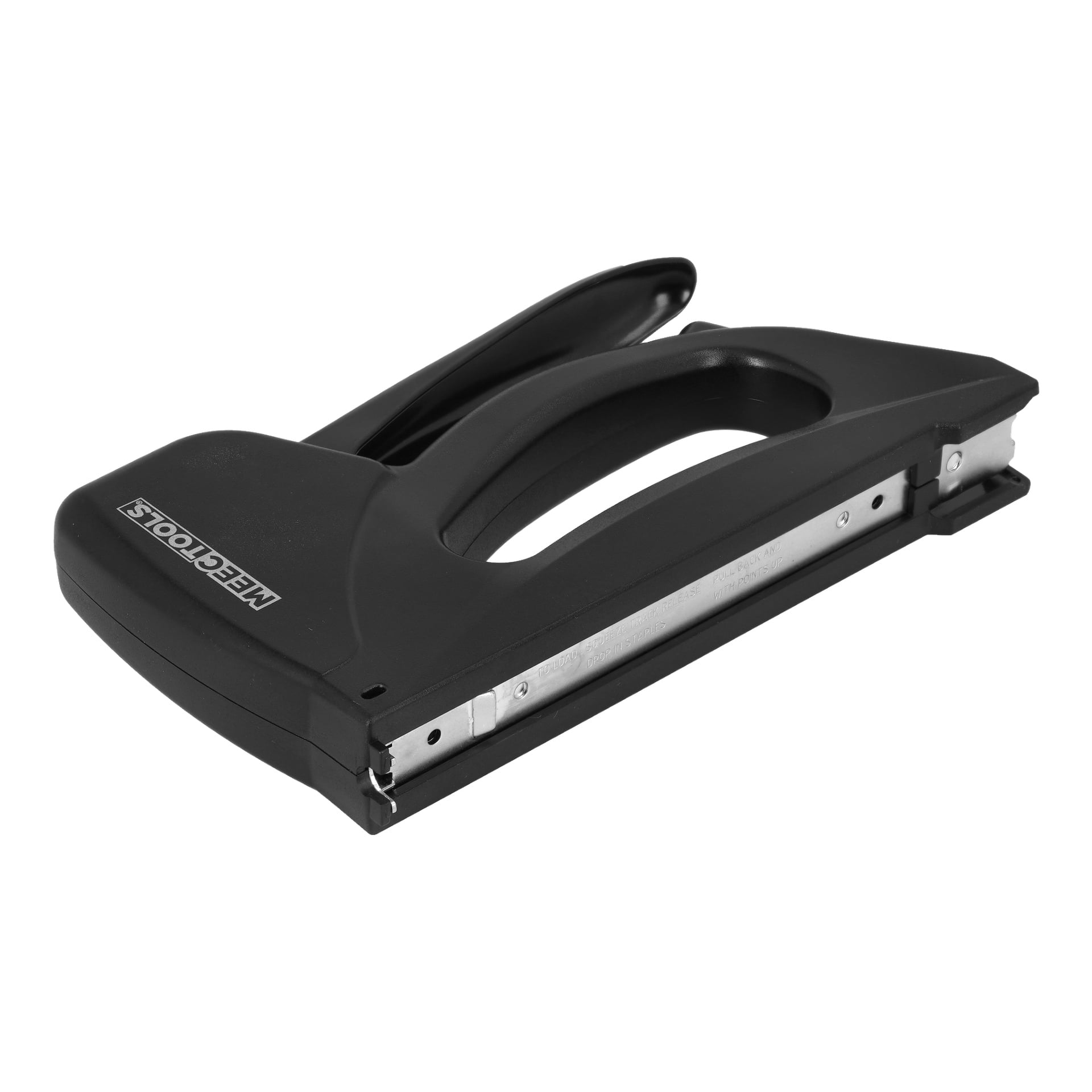 En svart kabelklämmapistol med en silverfärgad häftmekanism och Meec Tools-loggan på sidan.