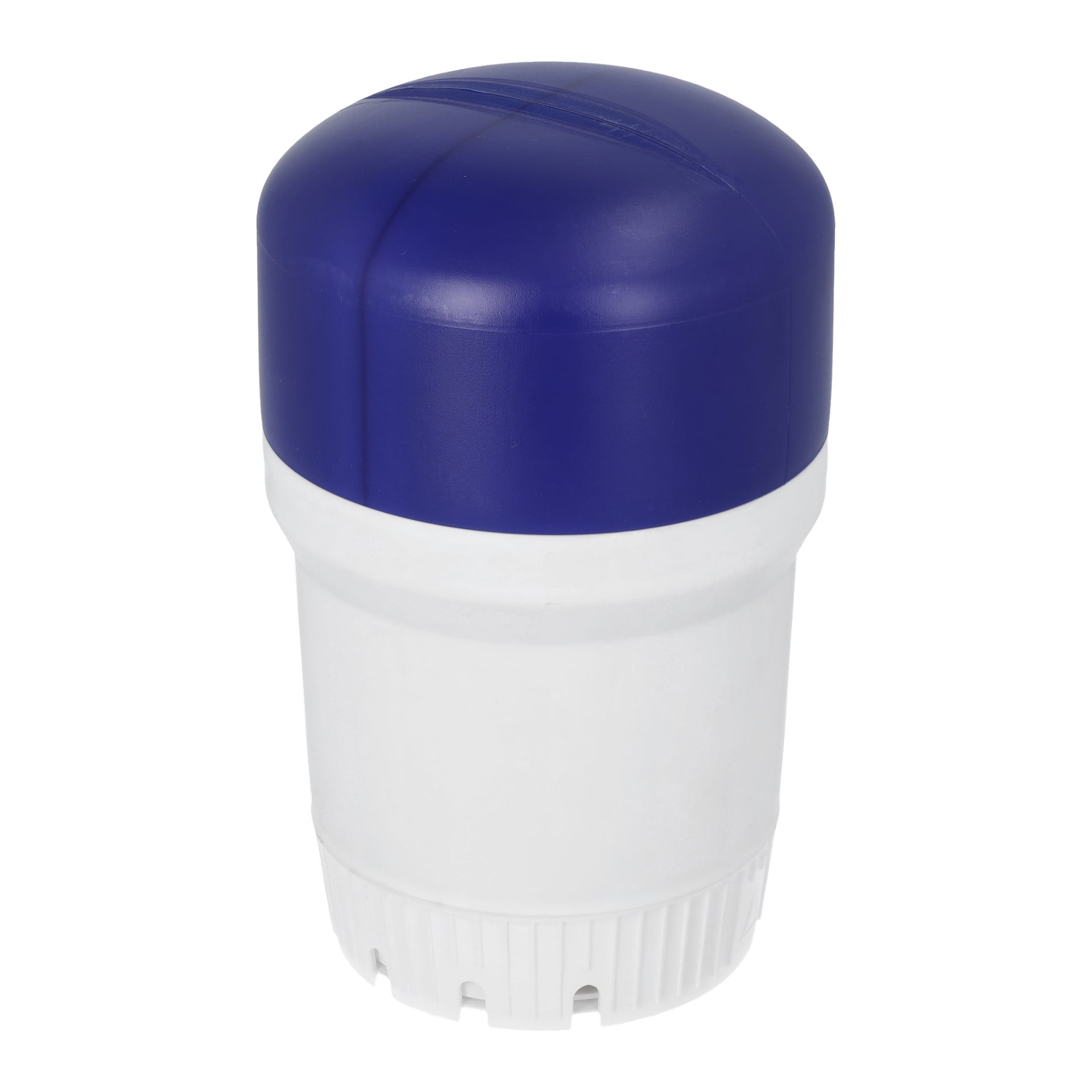 En cylindrisk Kayoba Floating dispenser med vit kropp och mörkblå lock. Basen på dispensern har nosar och ventiler.