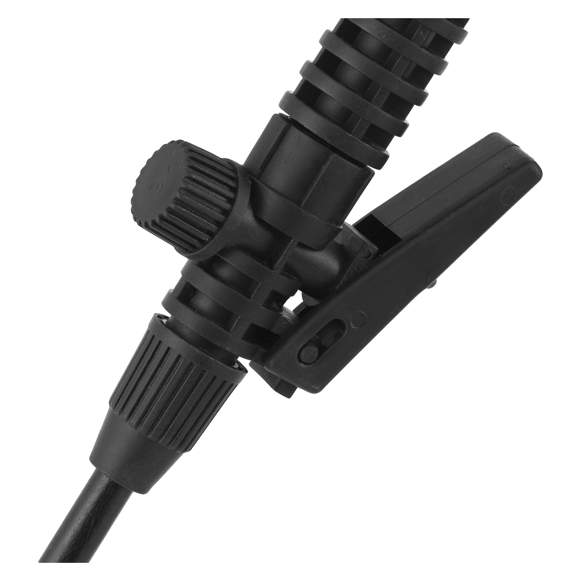 Detaljerad närbild av en svart plastdel från Meec Tools spraypistol, som visar dess räfflade justeringsknopp, klämfunktion och anslutningssladd. Fokus ligger på verktygets intrikata anslutningspunkter och justeringsmekanismer.