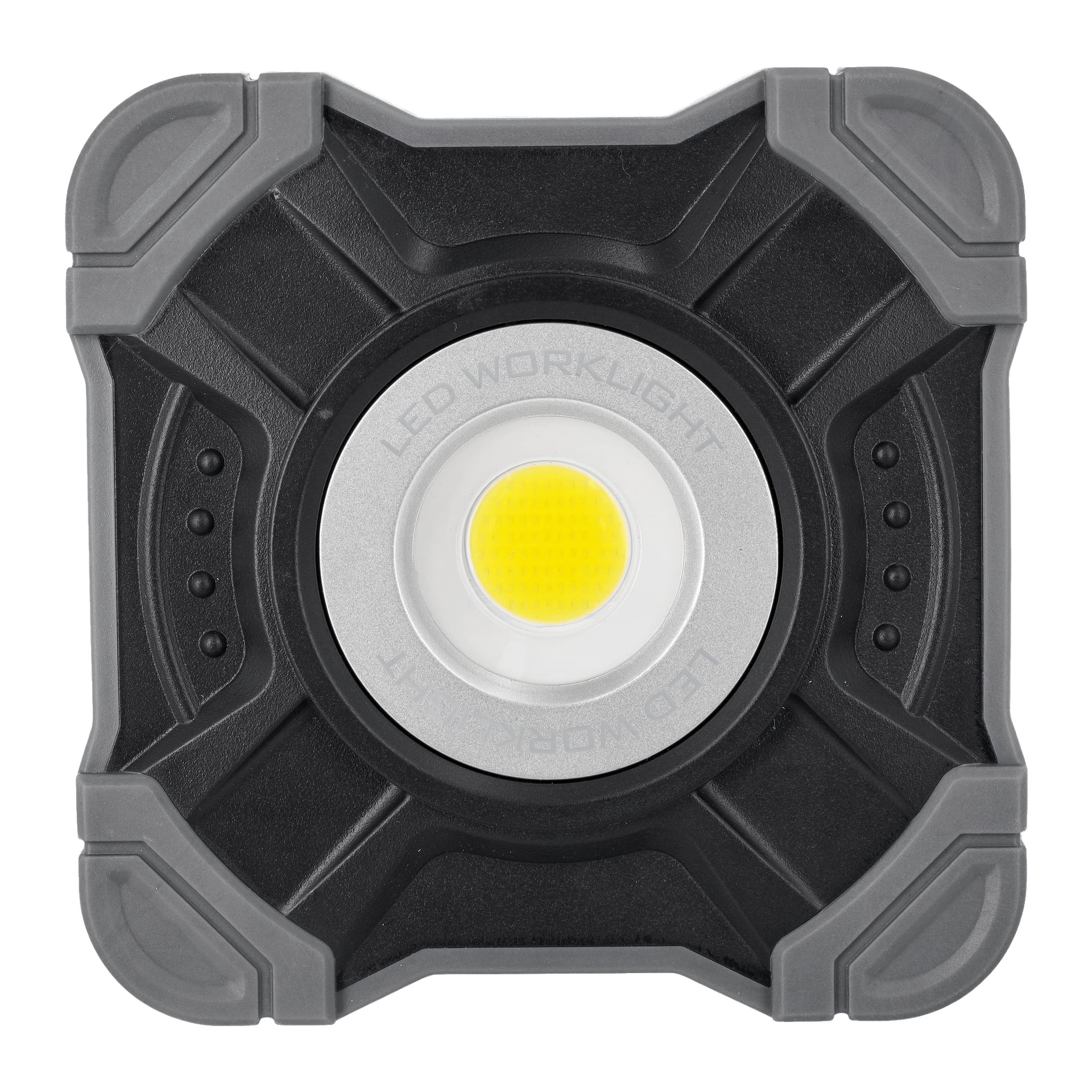 Anslut uppladdningsbar arbetslampa med fyrkantig, svart och grå kropp, förstärkta hörn, texturerad yta och en central rund LED omgiven av en metallring märkt "LED WORKLIGHT".
