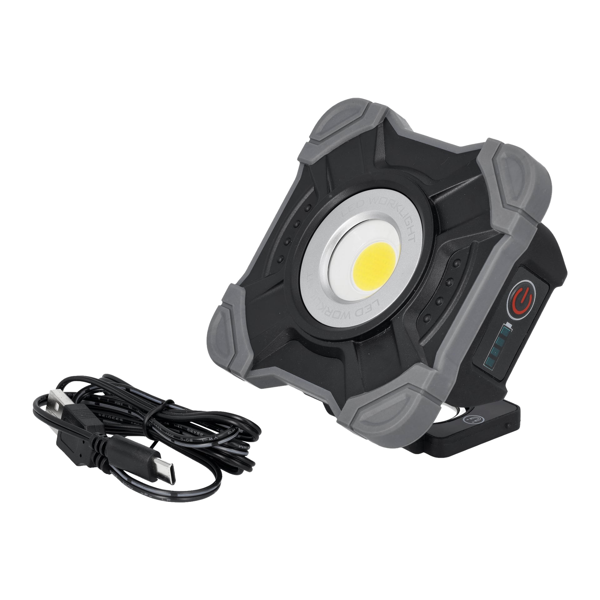 Anslut Rechargeable arbetslampa har en fyrkantig svart och grå kropp med en rund LED i mitten, en strömknapp, batterinivåindikator och visas med sin USB-laddningskabel bredvid.